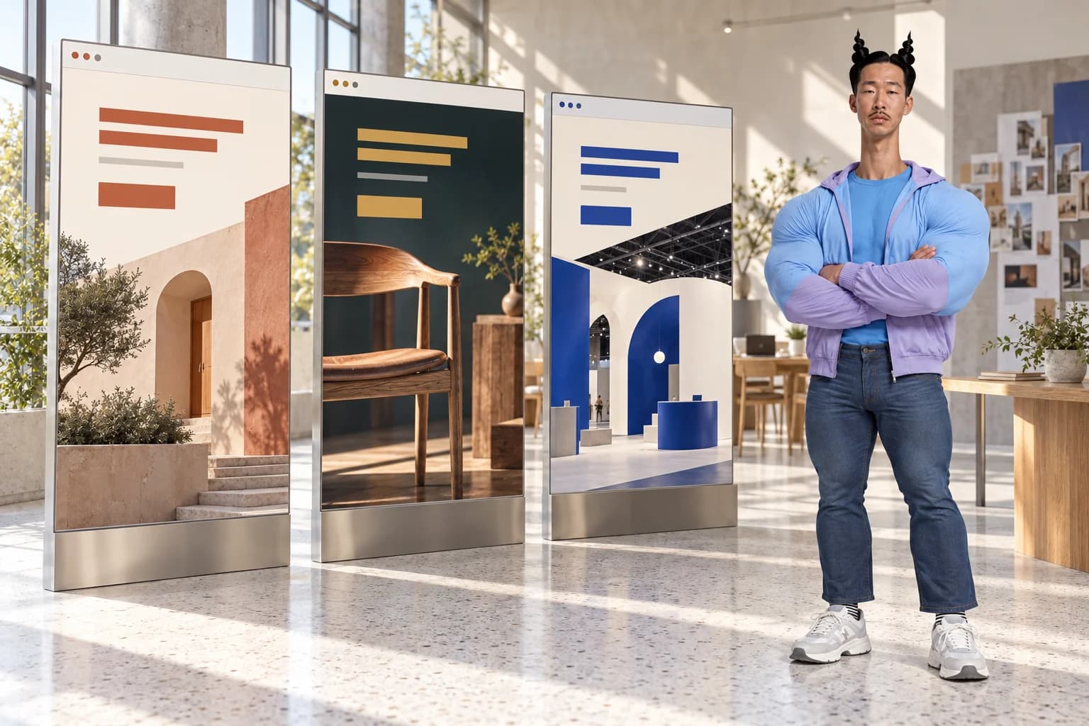 Fiktiver Mann in blauer Windjacke steht in einem Studio mit drei verschiedenen Landingpages als beispielhaften Website-Entwürfen.