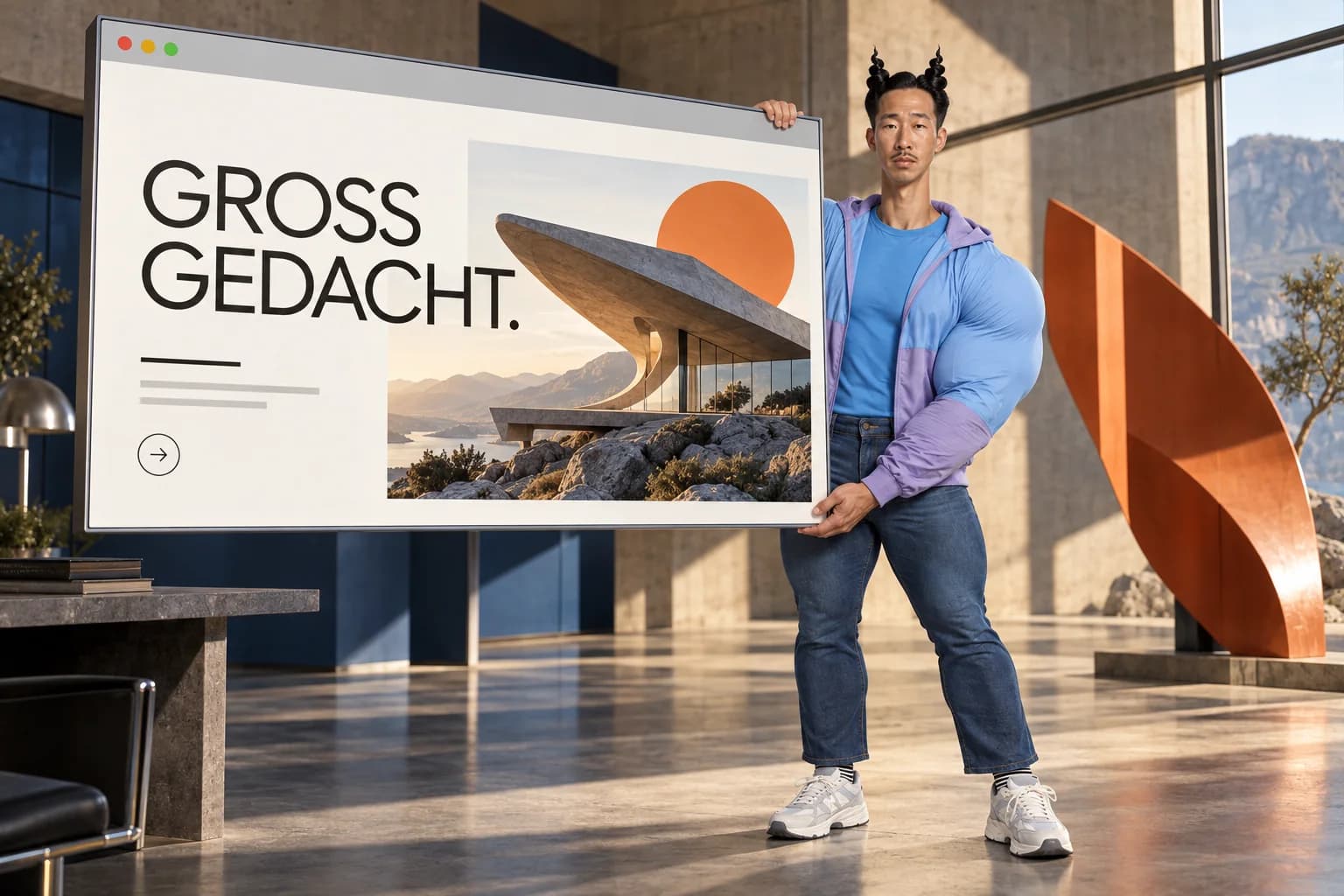 A fictional man in a blue windbreaker lifts a monumental browser window displaying a concept architecture website.
