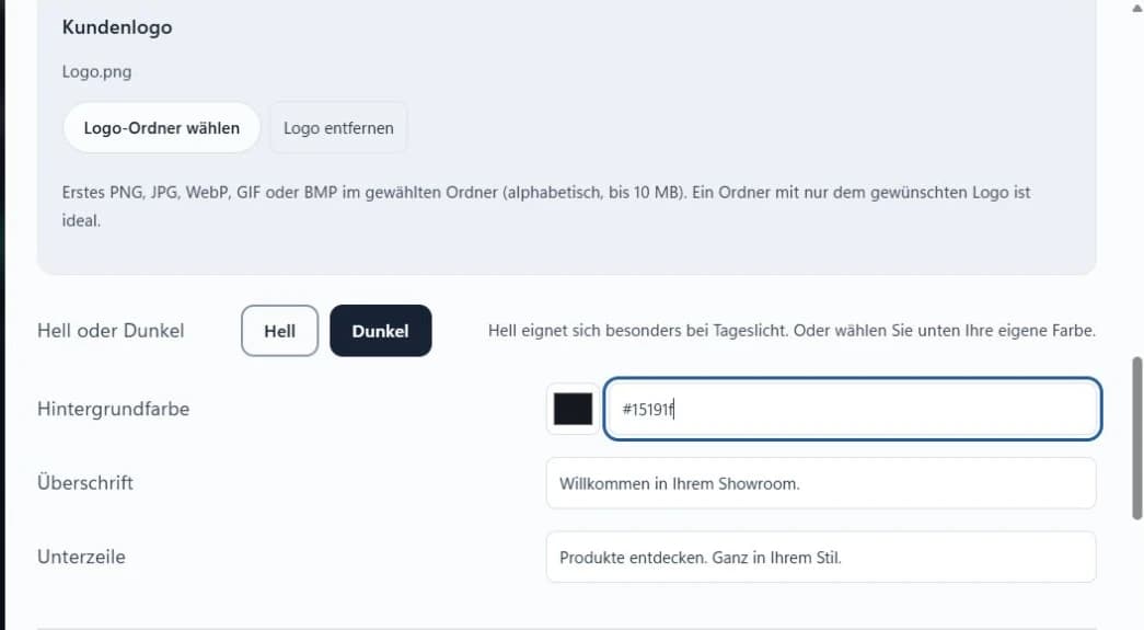 CAZpresent-Einrichtung mit Optionen für eigenes Logo, Hintergrundfarbe und Präsentationstitel