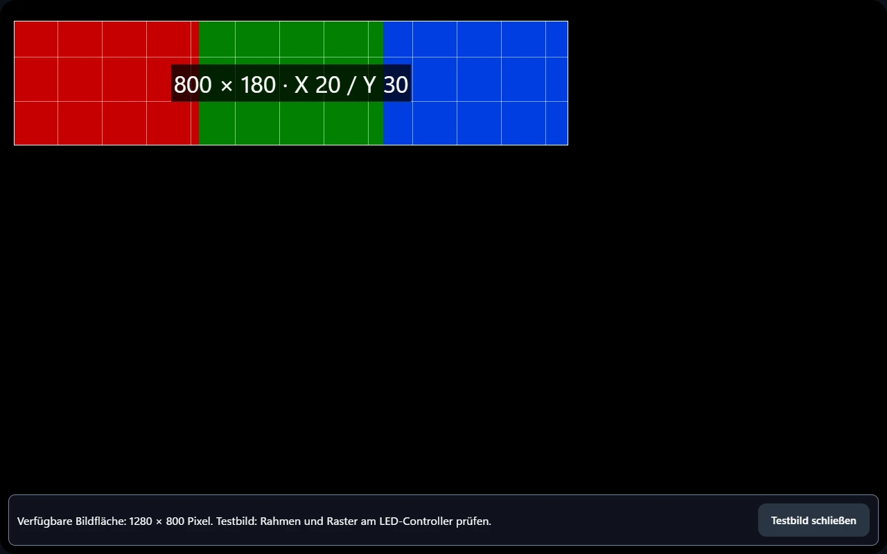 Echtes CAZpresent-Testbild: eine 800 mal 180 Pixel große Bildfläche mit Raster, um 20 Pixel nach rechts und 30 Pixel nach unten versetzt, auf einer 1280 mal 800 Pixel großen Ausgabe