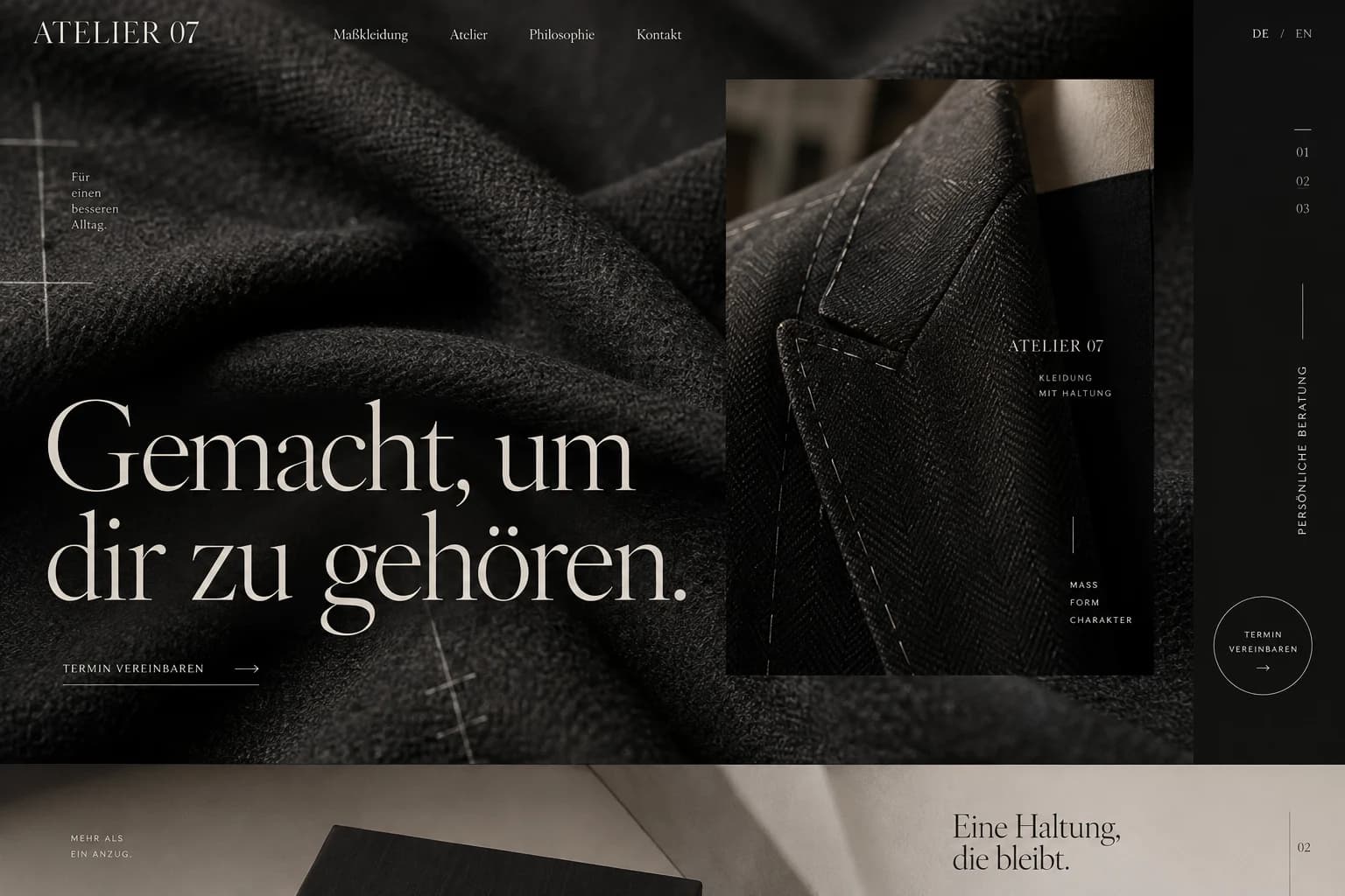 Designstudie ATELIER 07: Stoff als Landschaft, feine Linien und ein ruhiger Auftritt für echtes Maßhandwerk.