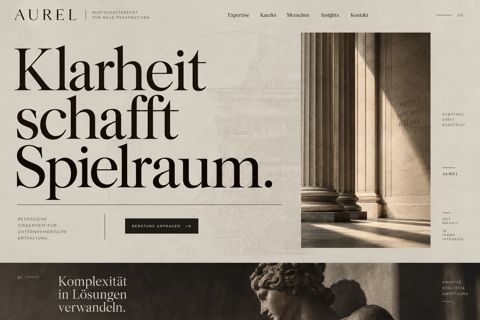 Designstudie AUREL: Eine Kanzlei als präzises Journal: warme Neutraltöne, starke Hierarchie und leise architektonische Bilder.