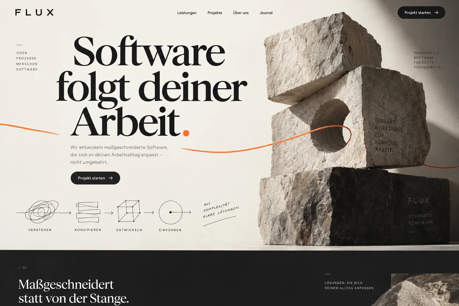 Designstudie FLUX: Ein digitaler Werkraum aus Diagramm, Typografie und gezielten Farbakzenten. Die Idee steht vor dekorativen Bedienoberflächen.