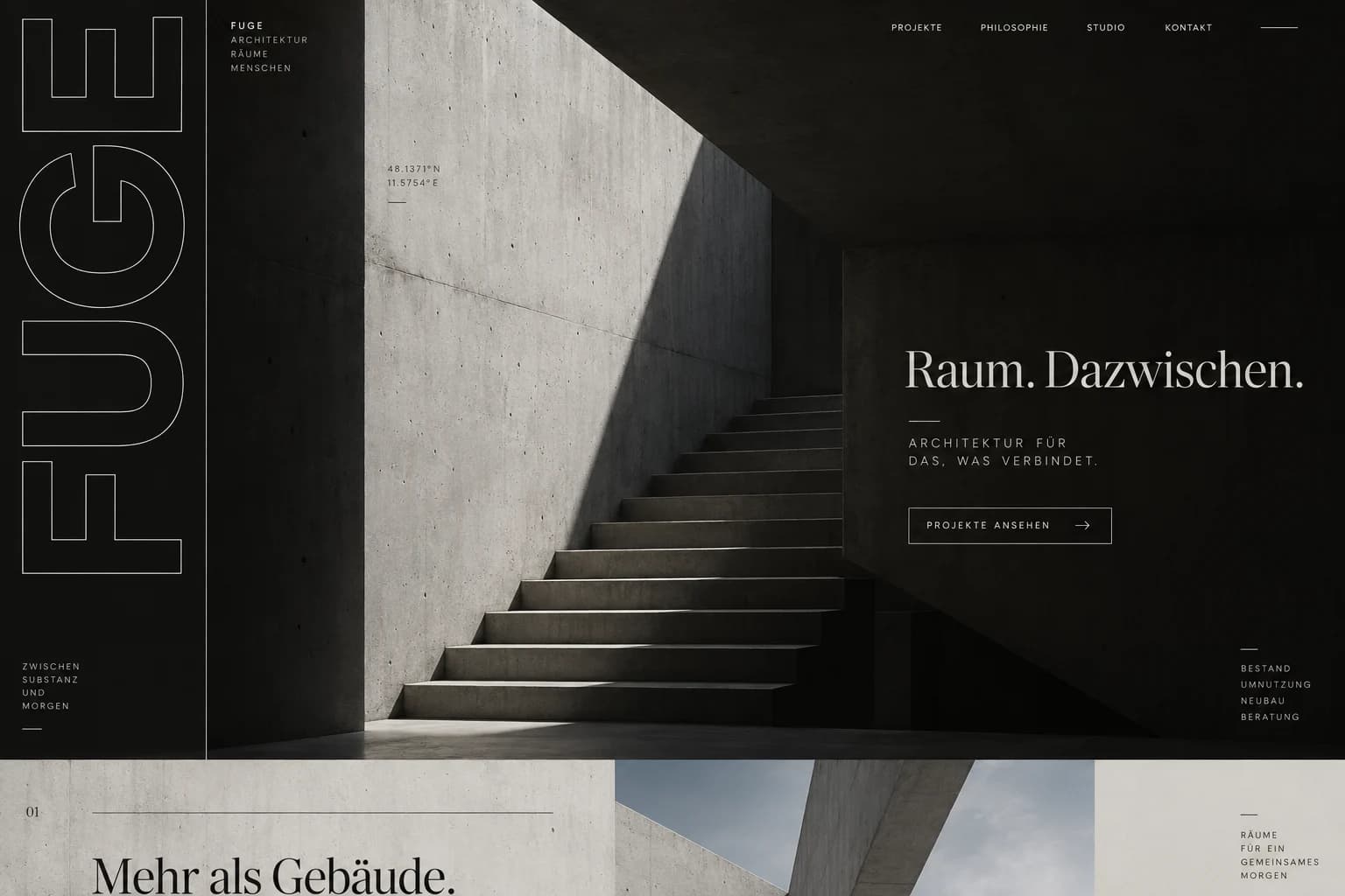Designstudie FUGE: Ein radikales Architekturlayout aus Beton, Weißraum und angeschnittener Typografie. Das Projektbild bestimmt den Aufbau.