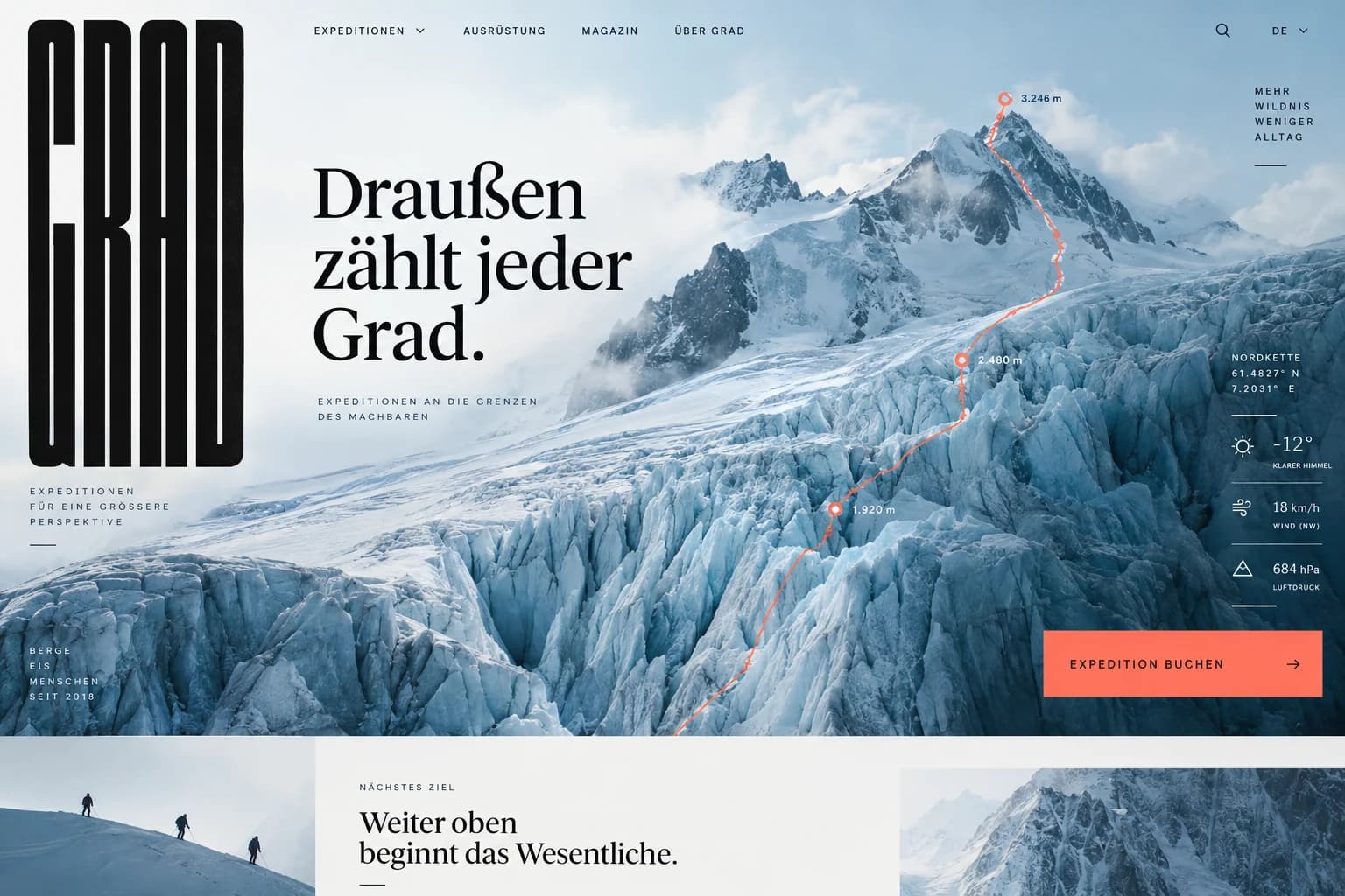 Designstudie GRAD: Eisige Landschaften, ein warmer Signalton und Orientierung wie auf einer Expeditionskarte.