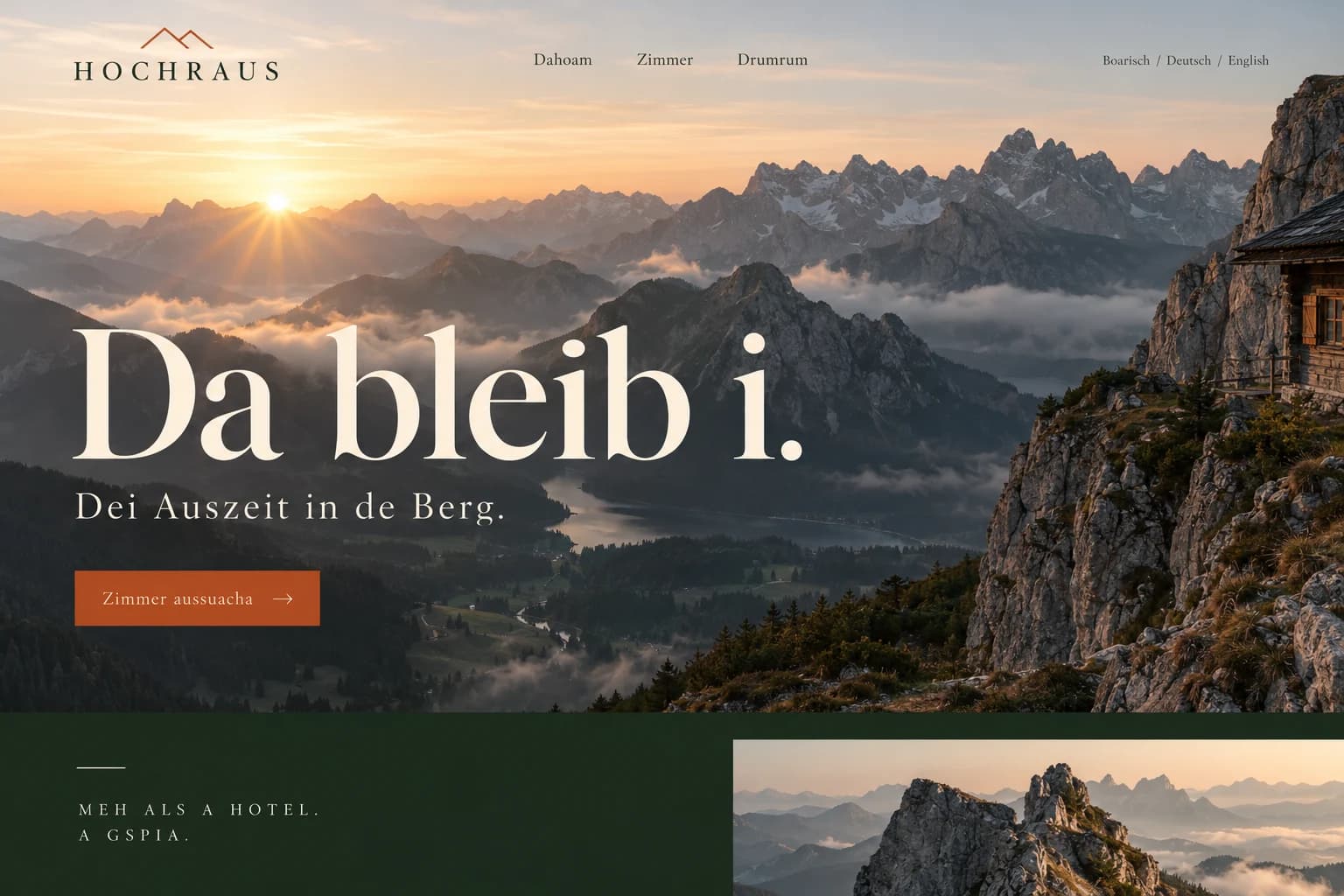 Designstudie HOCHRAUS: Bergpanorama, großzügige Serifenschrift und Tannengrün. „Da bleibe ich“ wird zum ruhigen Versprechen eines besonderen Rückzugsorts.