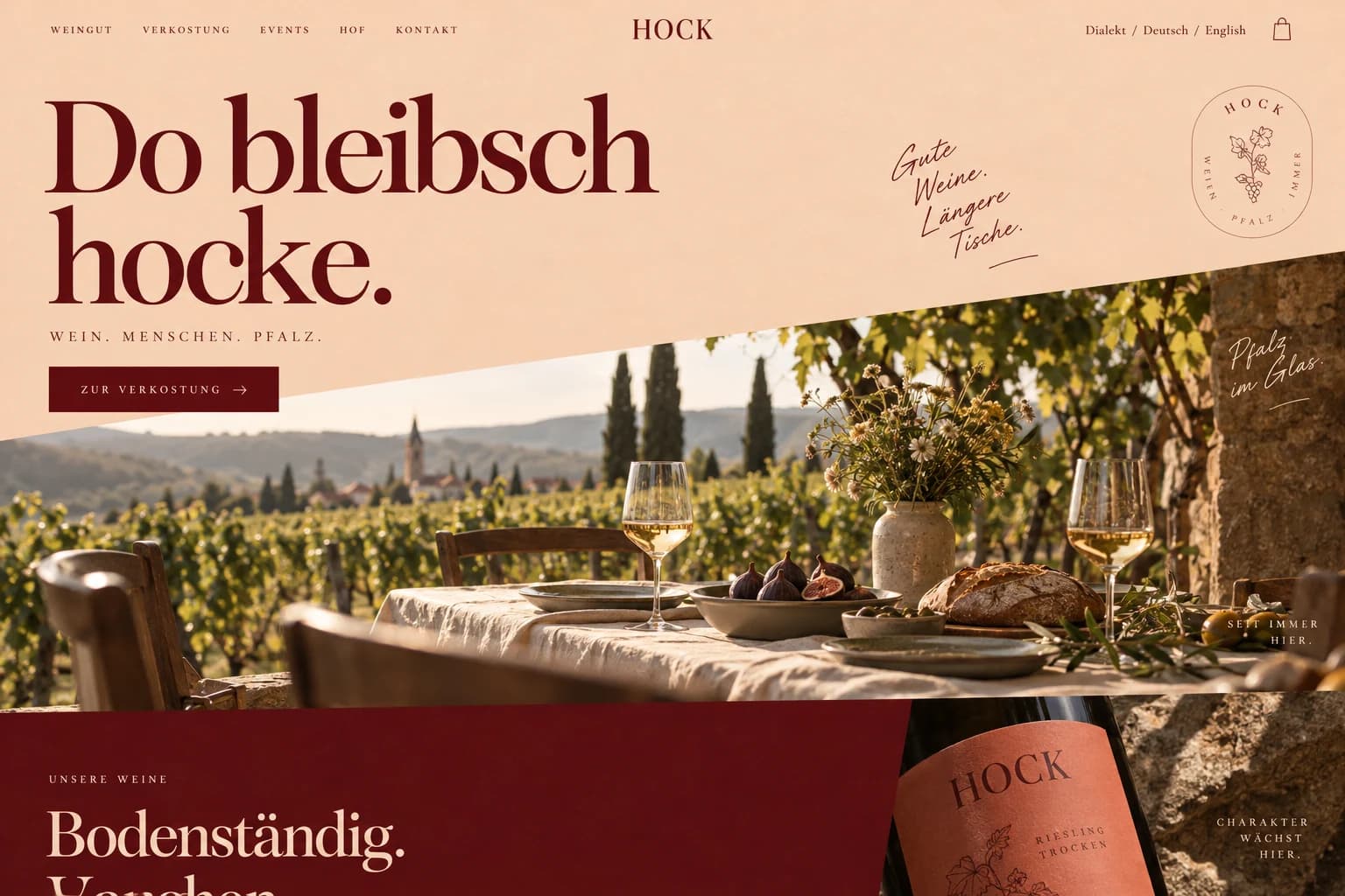 Designstudie HOCK: Pfälzer Geselligkeit als elegante Weinseite: Weinrot, Sonne und ein weit geöffnetes Layout. Gemeint ist: Hier bleibst du sitzen.