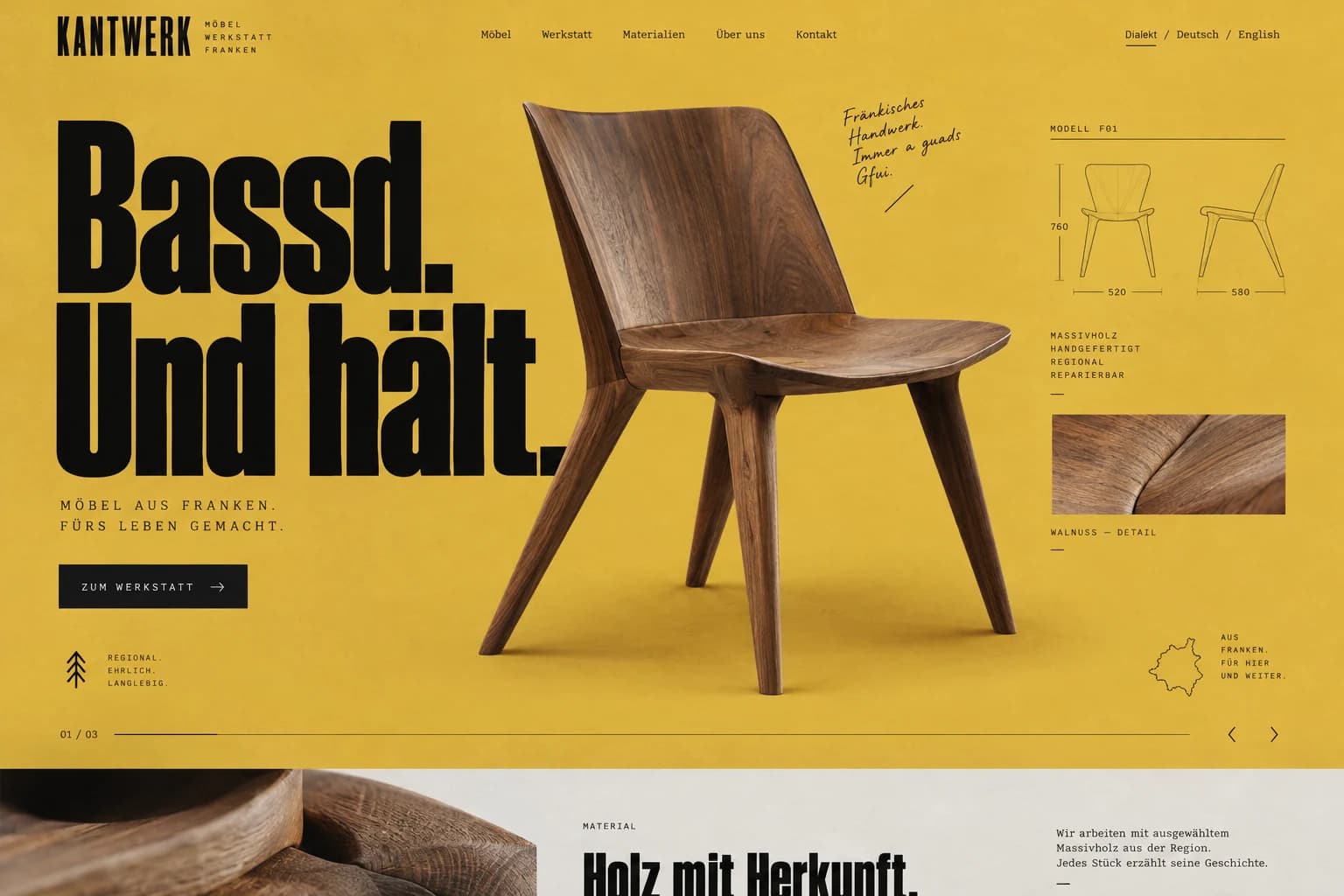 Designstudie KANTWERK: Ein Holzobjekt wie eine Skulptur, technische Linien und markante Schrift. „Passt. Und hält.“ macht fränkische Direktheit zum Gestaltungsprinzip.