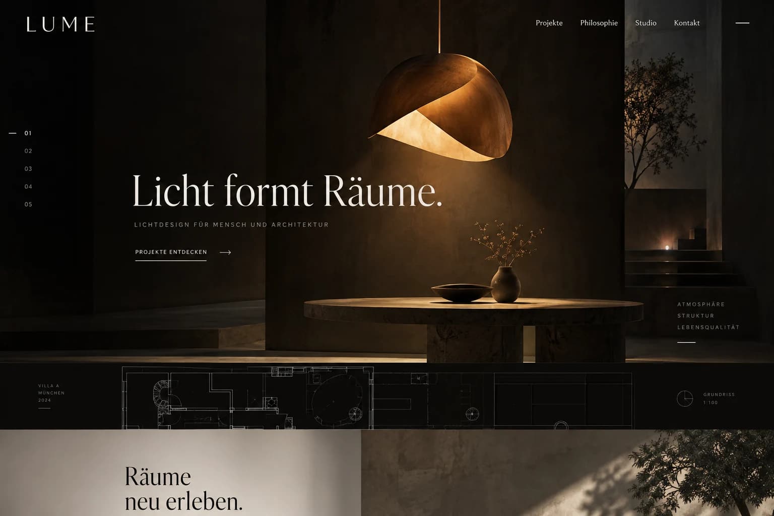 Designstudie LUME: Ein dunkler Raum als Bühne für eine außergewöhnliche Leuchte. Typografie folgt dem Lichtkegel.