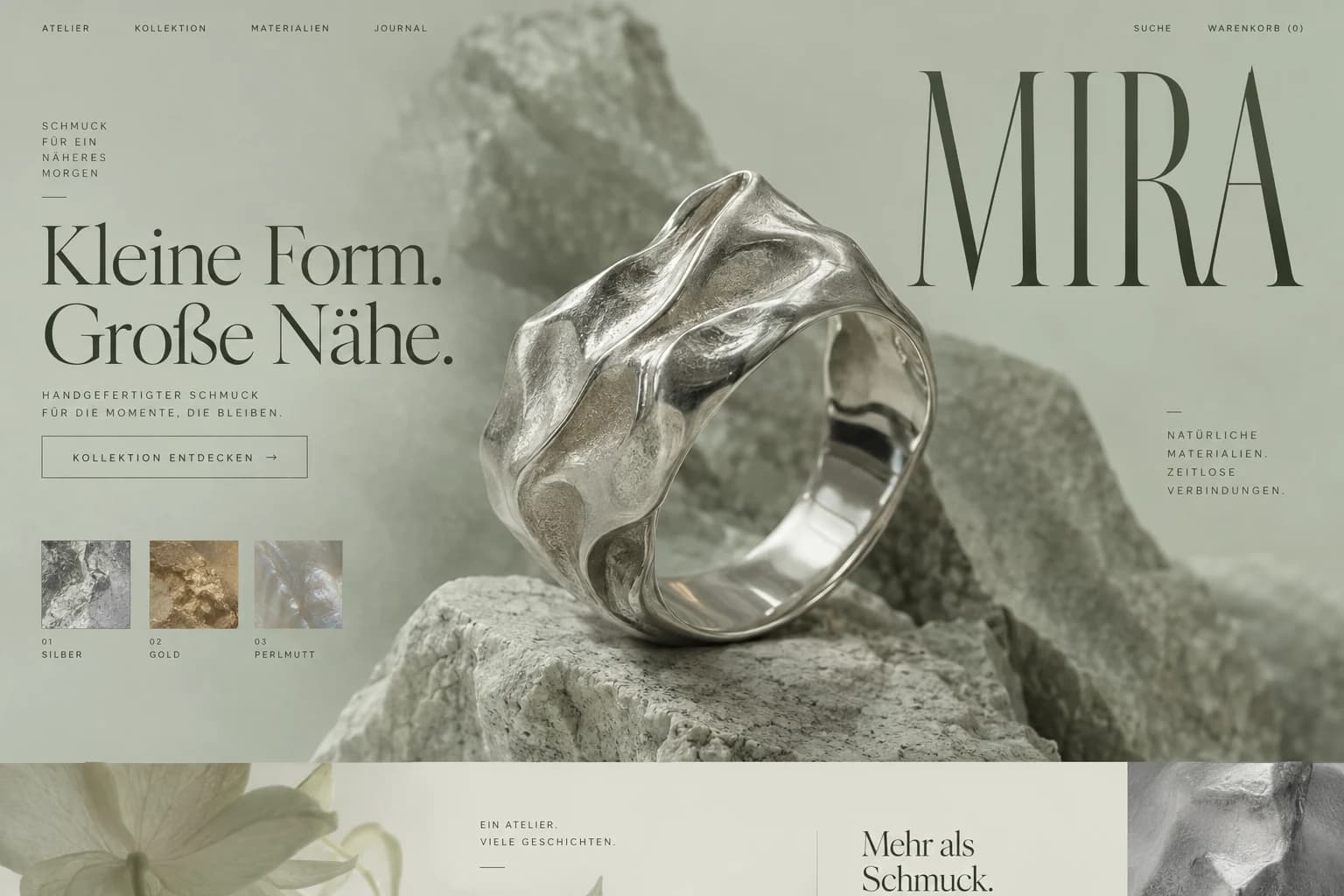 Designstudie MIRA: Eine extreme Schmuckaufnahme in hellem Salbeigrün. Feinste Materialdetails treffen auf ungewöhnlich großzügige Schrift.