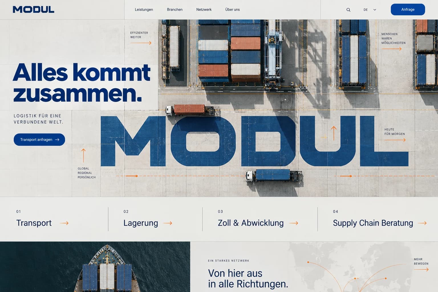 Designstudie MODUL: Ein Logistikauftritt als verständlicher Lageplan: kräftiges Blau, modulare Typografie und echte Materialität.