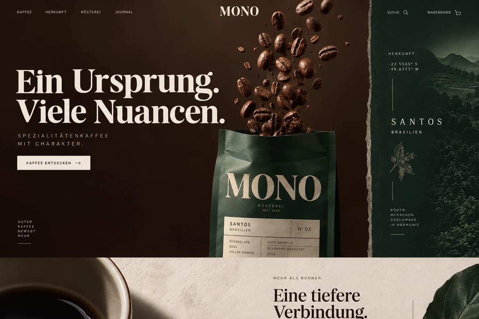 Designstudie MONO: Dunkle Rösttöne, sachliche Herkunftsangaben und eine bildstarke Kaffeekomposition.