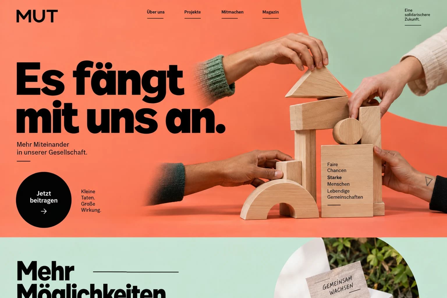 Designstudie MUT: Ein menschlicher Auftritt mit starken Farben, klaren Aussagen und einer offenen, einladenden Struktur.
