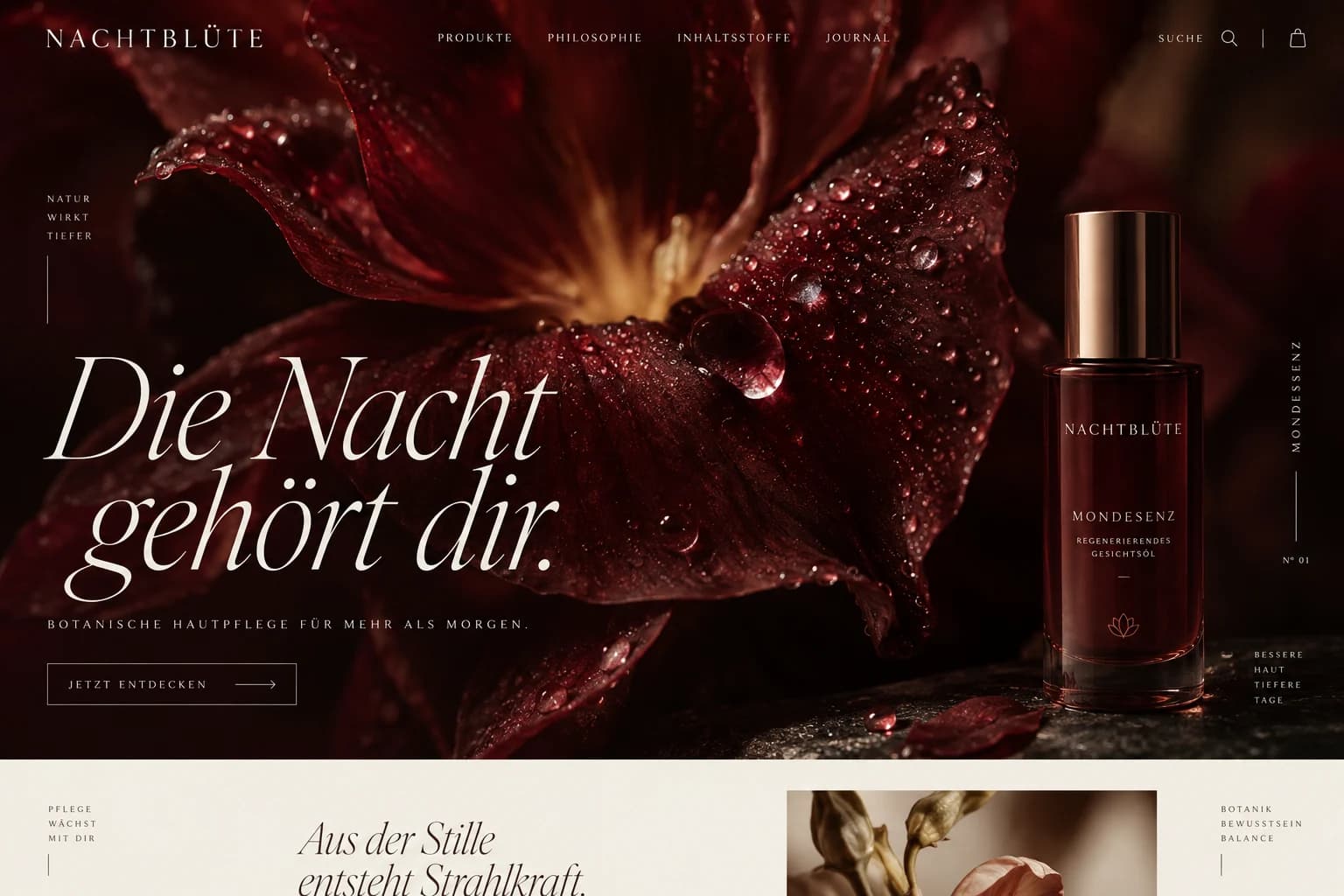 Designstudie NACHTBLÜTE: Makrofotografie, dunkles Weinrot und luxuriöse Schrift. Eine sinnliche Markenwelt mit sehr wenigen, präzisen Elementen.