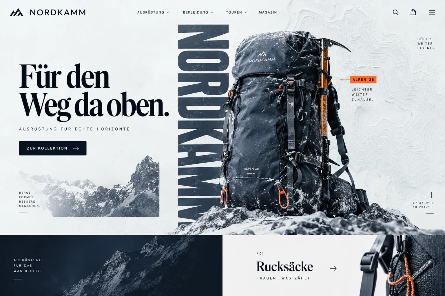 Designstudie NORDKAMM: Materialdetails, topografische Linien und ein präziser Produktauftritt für anspruchsvolle Wege.