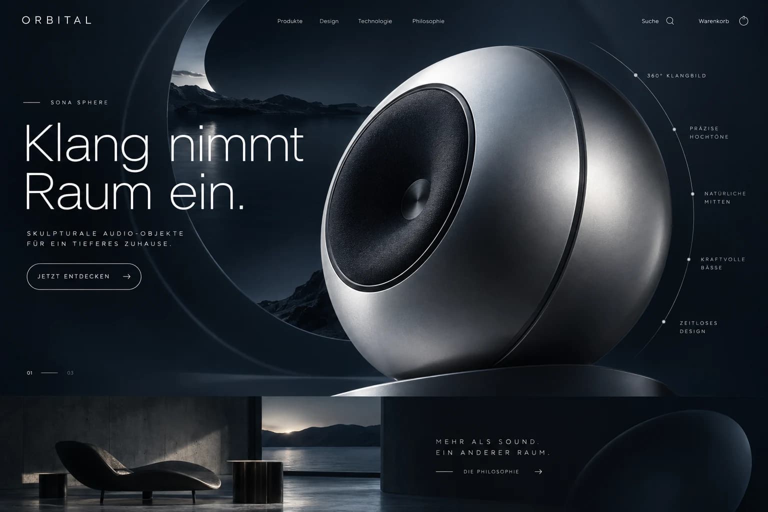 Designstudie ORBITAL: Ein Lautsprecher wird zur schwebenden Skulptur. Dunkles Blau und metallische Details lassen Material und Klangidee wirken.