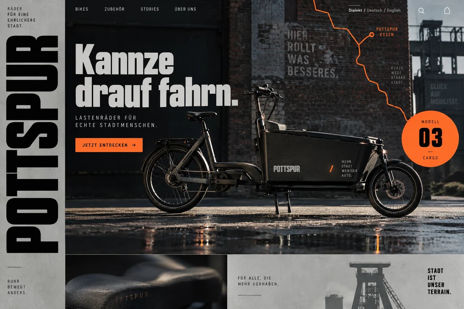 Designstudie POTTSPUR: Stahl, Bewegung und klare Ansagen aus dem Ruhrgebiet. Die Formulierung verbindet Fahrspaß mit Verlässlichkeit.