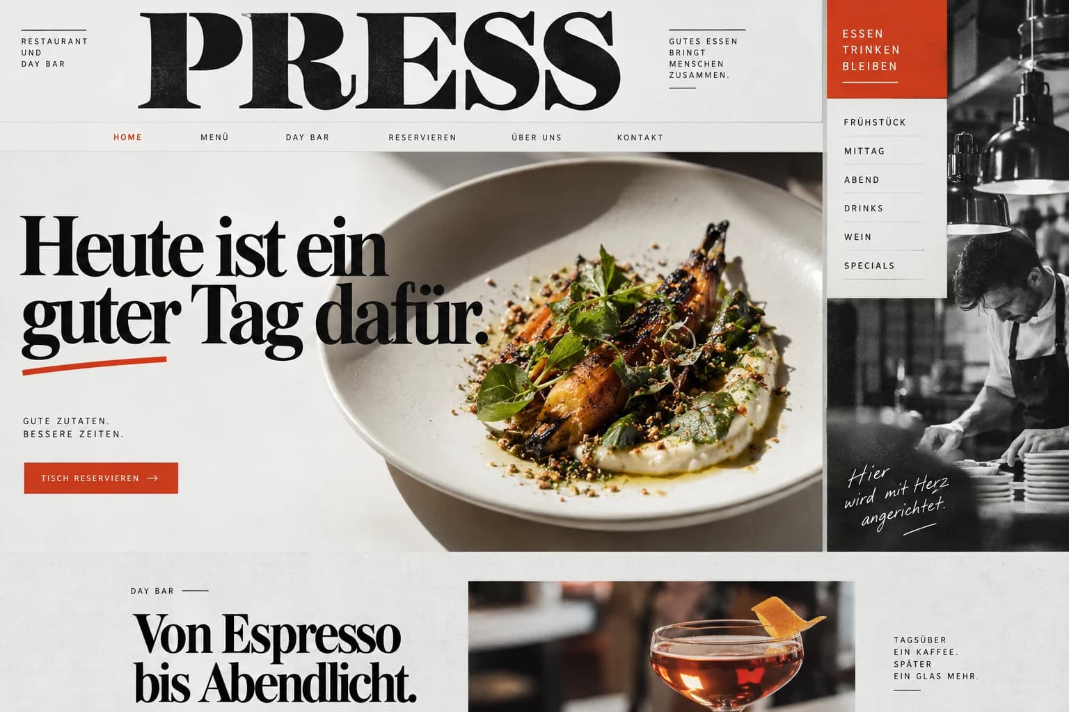 Designstudie PRESS: Die Tageskarte wird zur Titelseite. Ein fotografisches Gericht und Zeitungsästhetik geben dem Restaurant Charakter.