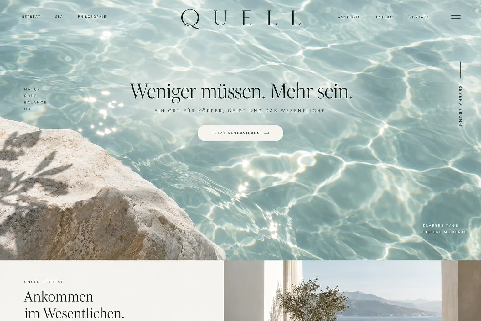 Designstudie QUELL: Wasser, Licht und tiefe Ruhe. Ein poetischer Auftritt mit bewusst ungewöhnlichen Bildausschnitten.