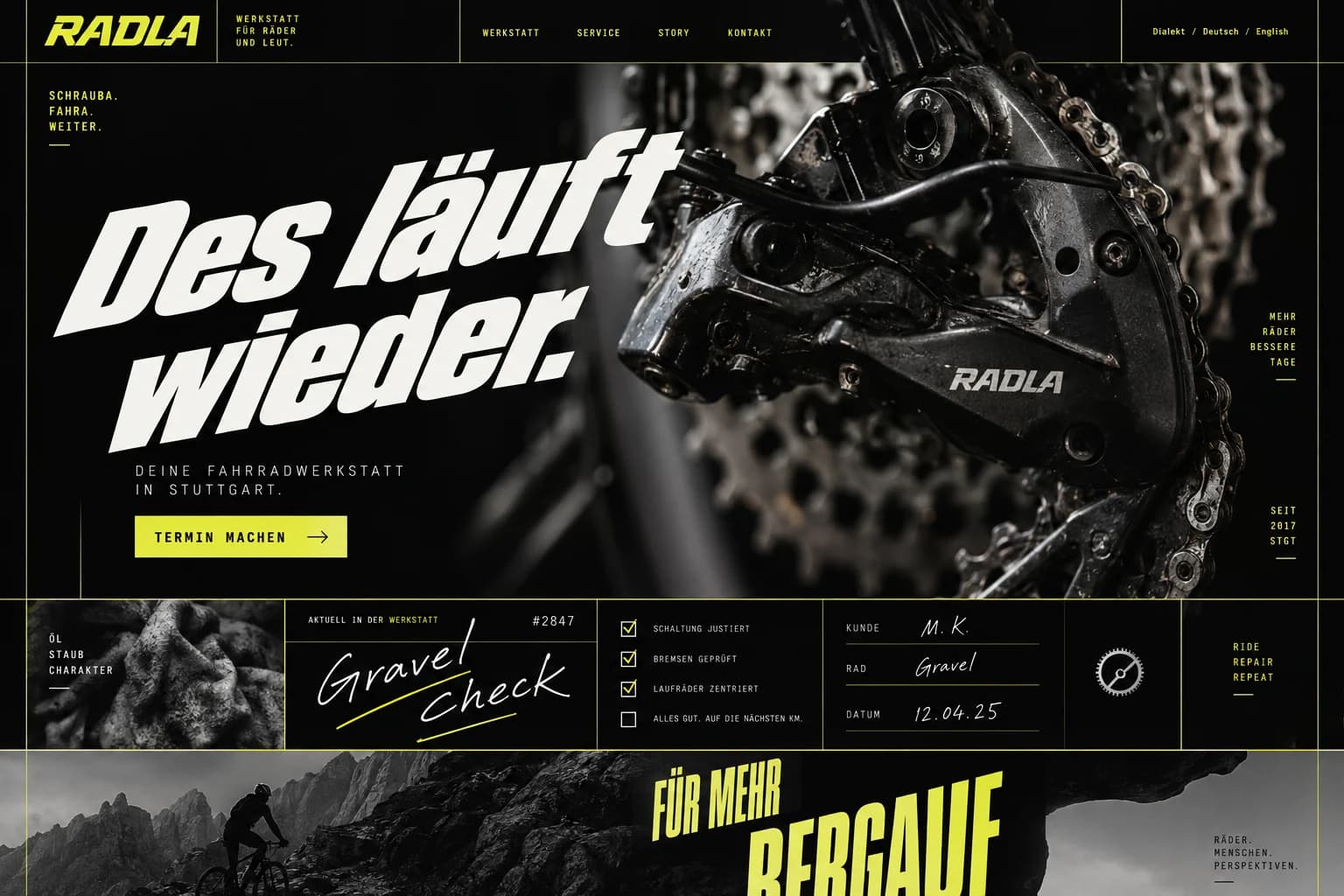 Designstudie RADLA: Sportliche Werkstattästhetik mit kantiger Schrift und präzisen Details. „Das läuft wieder“ stellt die Lösung in den Mittelpunkt.