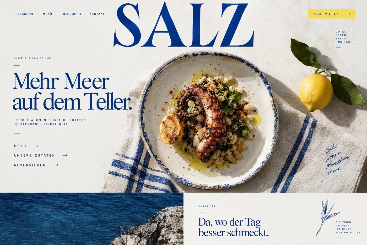 Designstudie SALZ: Kobaltblau, weißes Porzellan und ein großzügiges Food-Stillleben als selbstbewusste Restaurantseite.