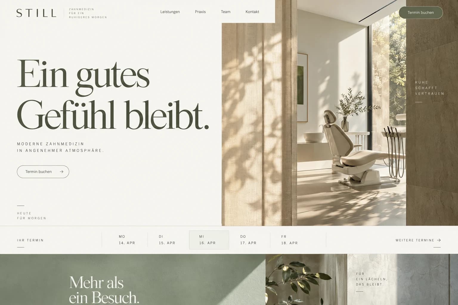 Designstudie STILL: Ruhe statt medizinischer Kälte: warmes Licht, fein gesetzte Schrift und eine klare Terminführung.