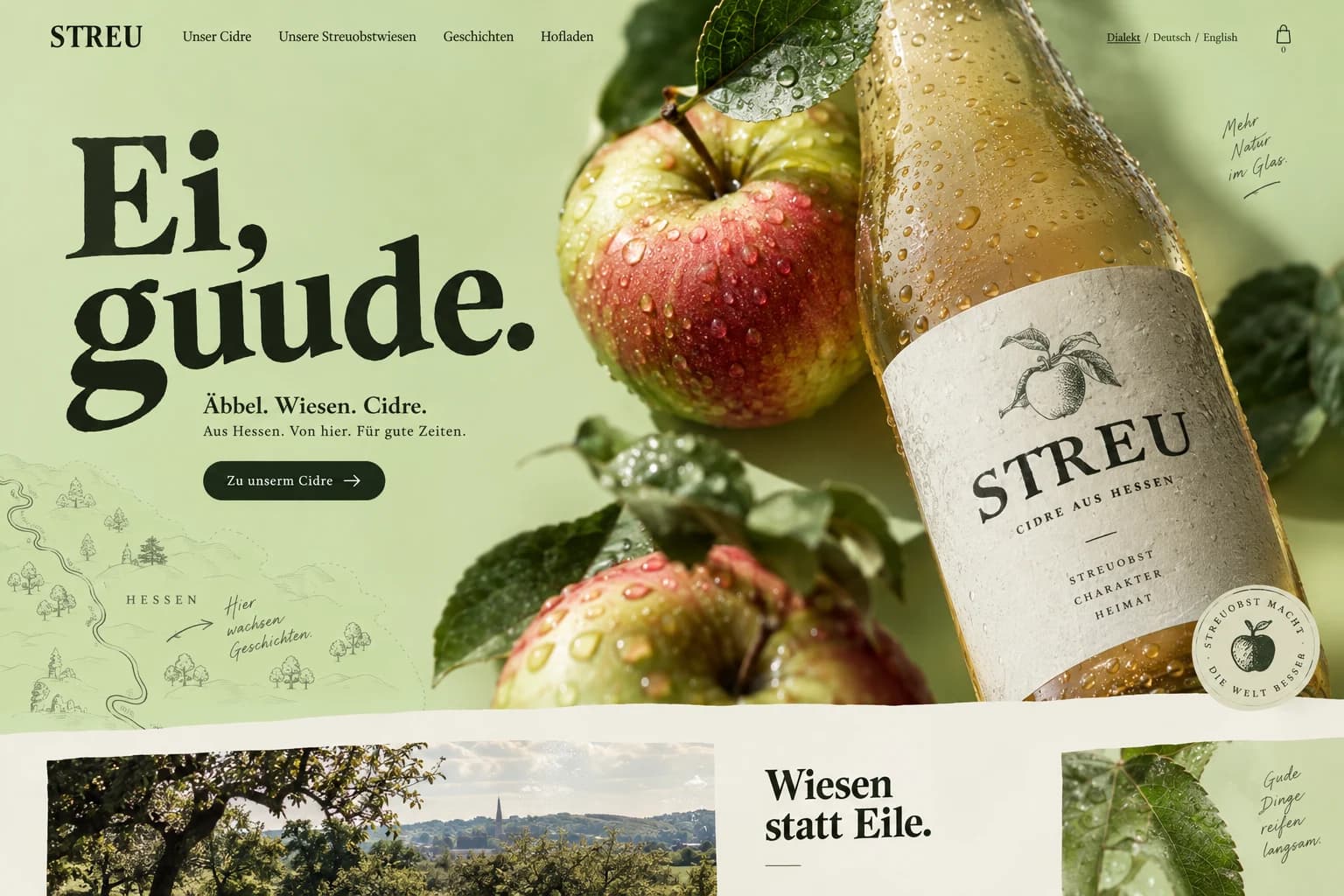 Designstudie STREU: Hessischer Empfang mit großem Apfel-Stillleben, Naturpapier und reduziertem Grün. Freundlich, eigenständig und ohne Trachtenklischees.