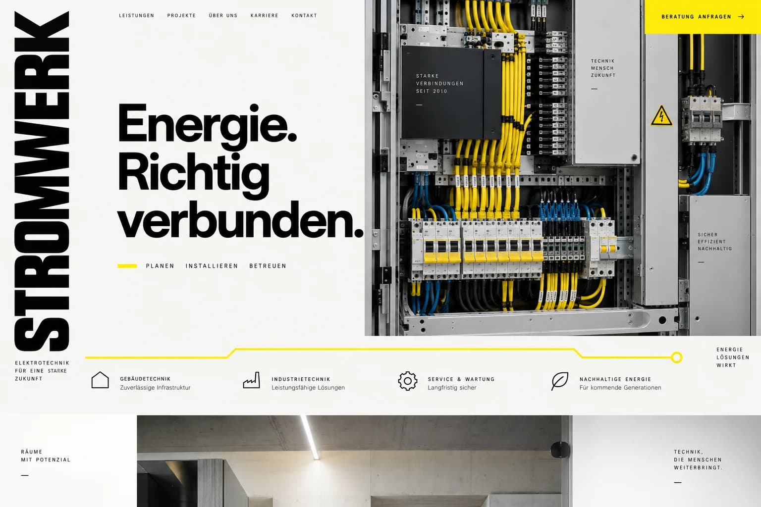 Designstudie STROMWERK: Elektrische Systeme werden mit starker Schrift, klaren Linien und einer eigenständigen Signalfarbe sichtbar.