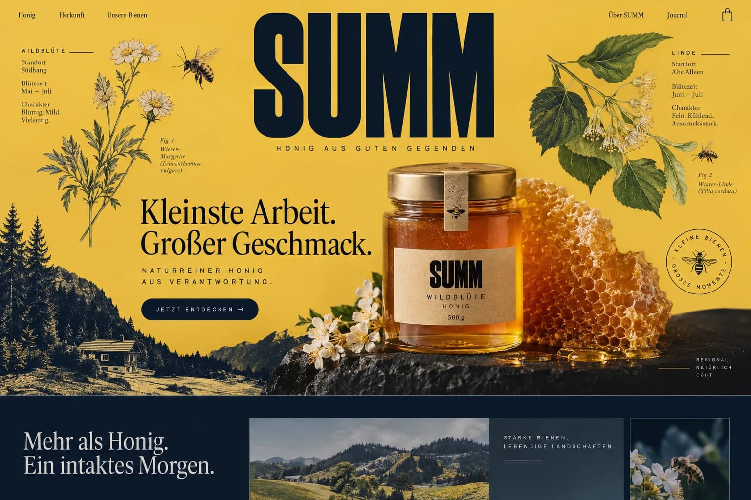 Designstudie SUMM: Honig und Pflanzen als naturkundliche Ausstellung – lebendig, warm und mit klaren Produktinformationen.