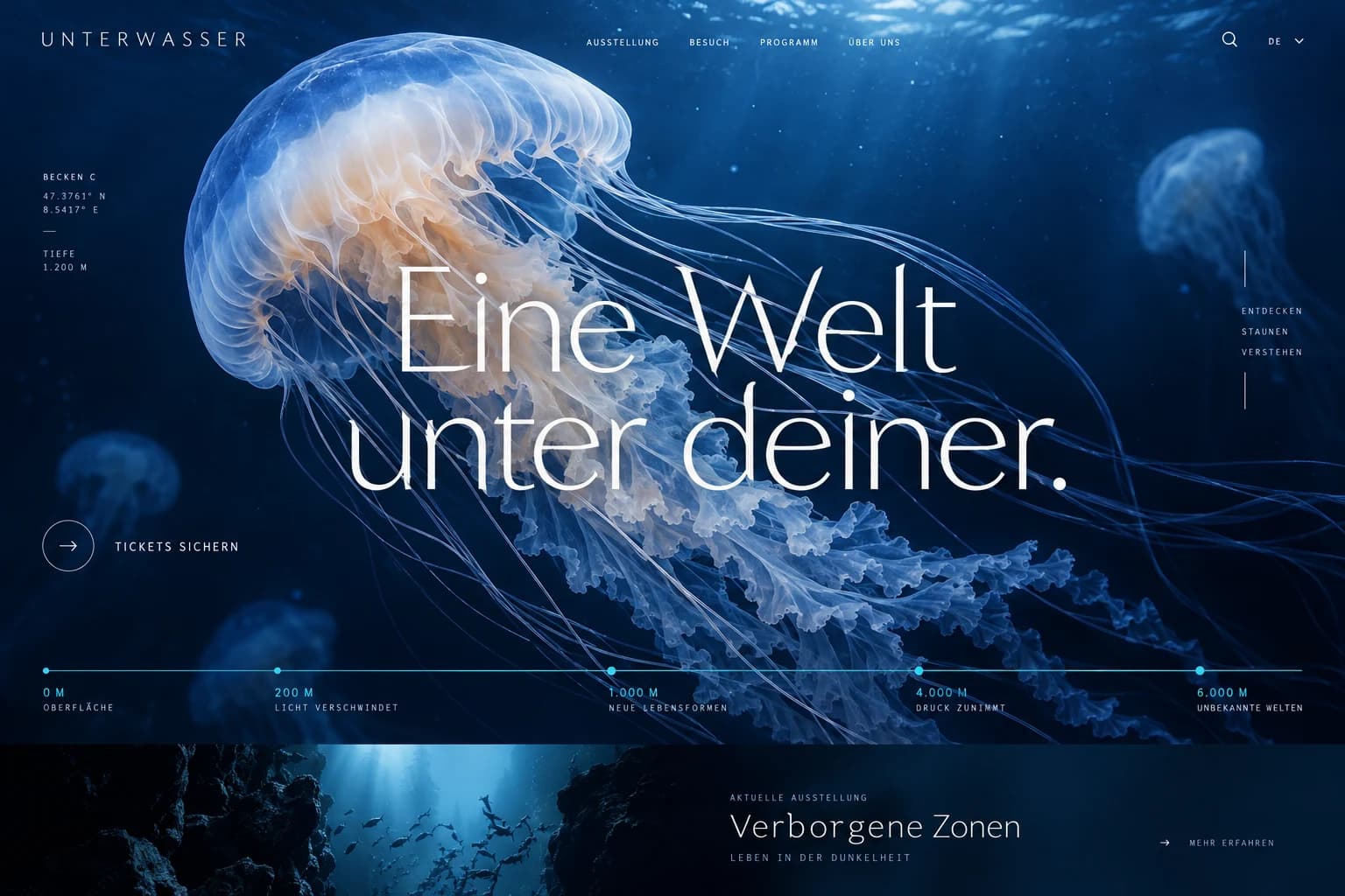 Designstudie UNTERWASSER: Das Meer wird zur begehbaren Erzählung: enorme Tiefenwirkung und kleine präzise Informationsinseln.