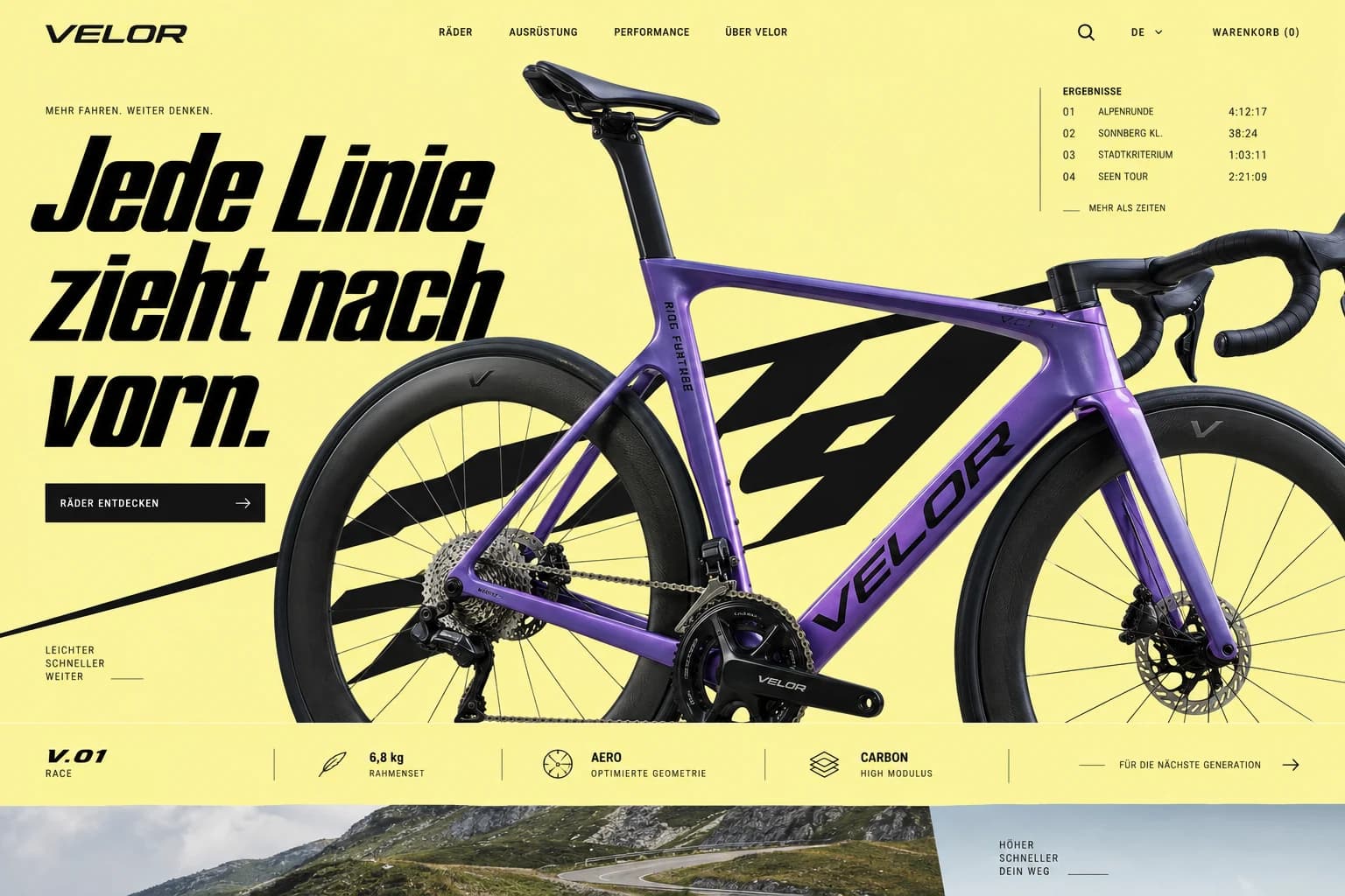 Designstudie VELOR: Dynamische Bildschnitte, sportliche Schrift und ein bewusst reduziertes Produktkonzept.