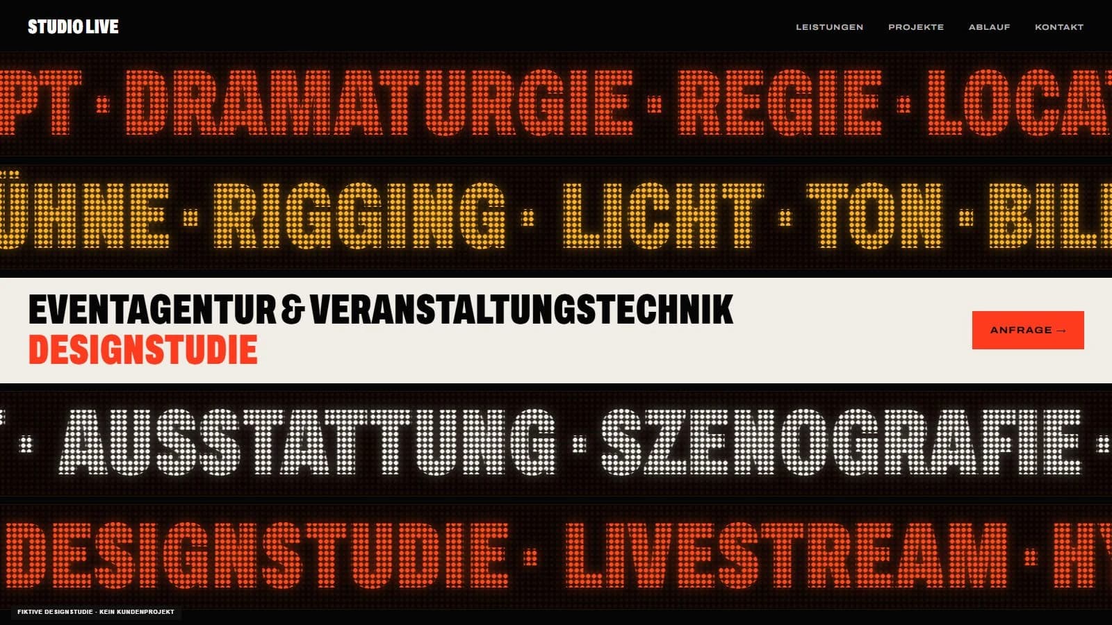 Fictional LED ticker website with red and white typography on a dark stage