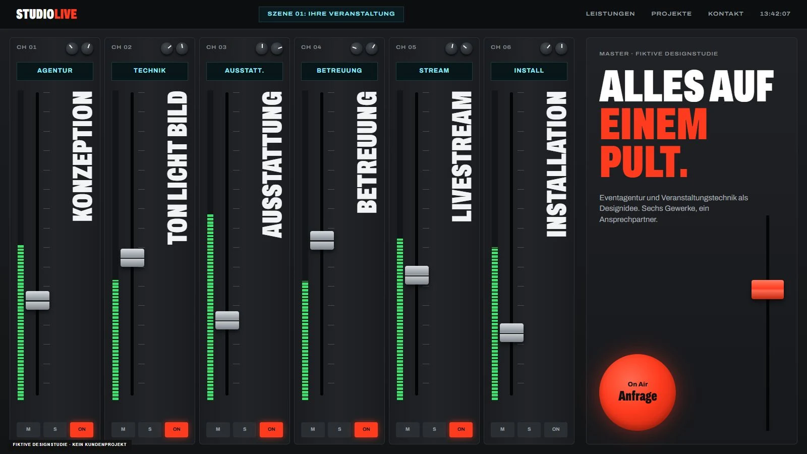 Fictional mixing desk website with six channels, faders and level meters