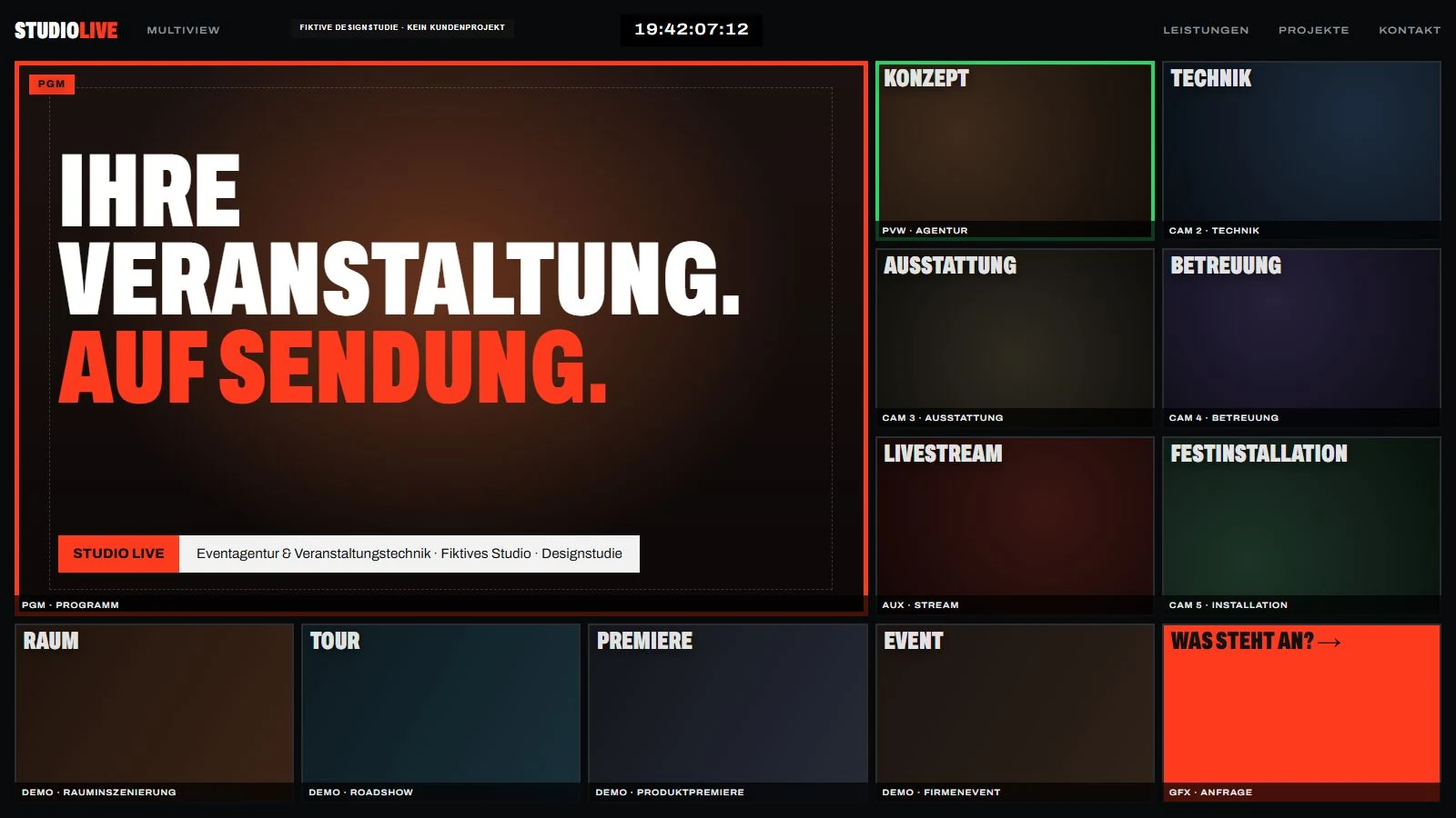 Fictional multiview website arranged as a video control-room monitor wall