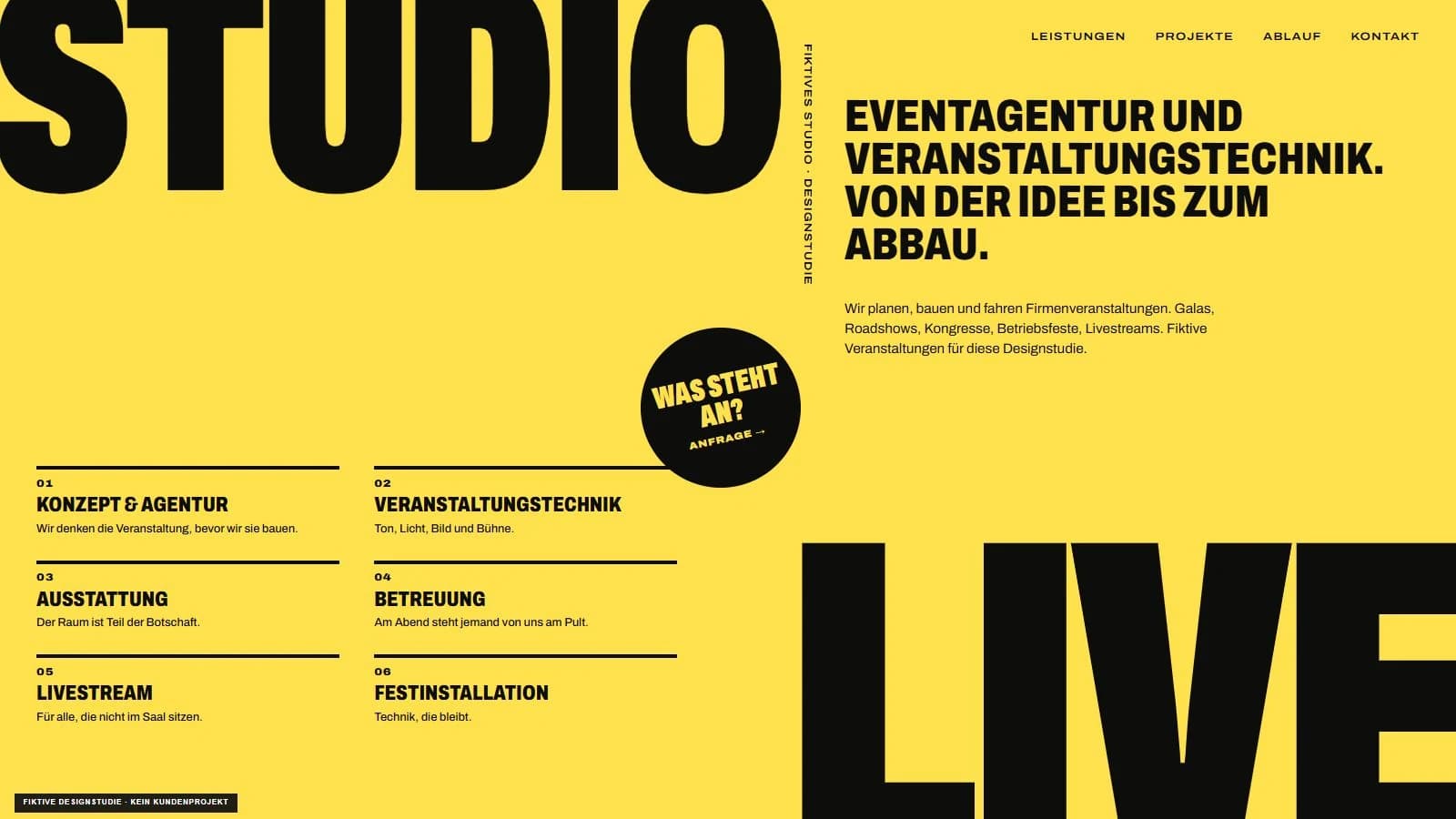 Fictional event poster website in yellow with oversized black typography