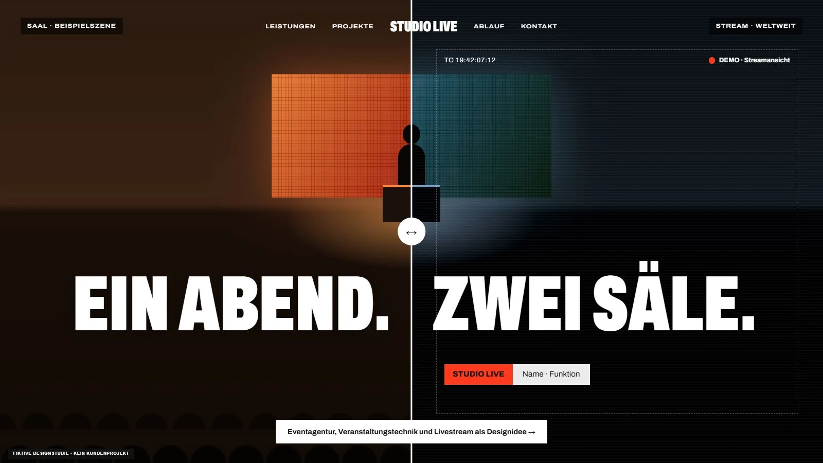 Fictional hybrid-event design with split views of a stage and its broadcast