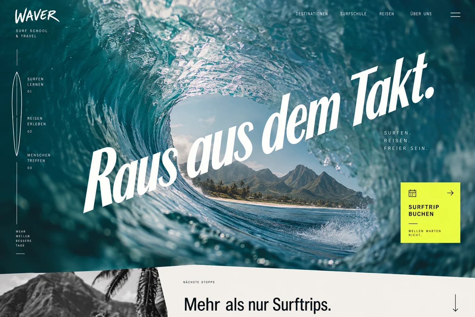 Designstudie WAVER: Eine Welle als Raum, Typografie wie Bewegung und ein leuchtender Akzent für die nächste Reise.