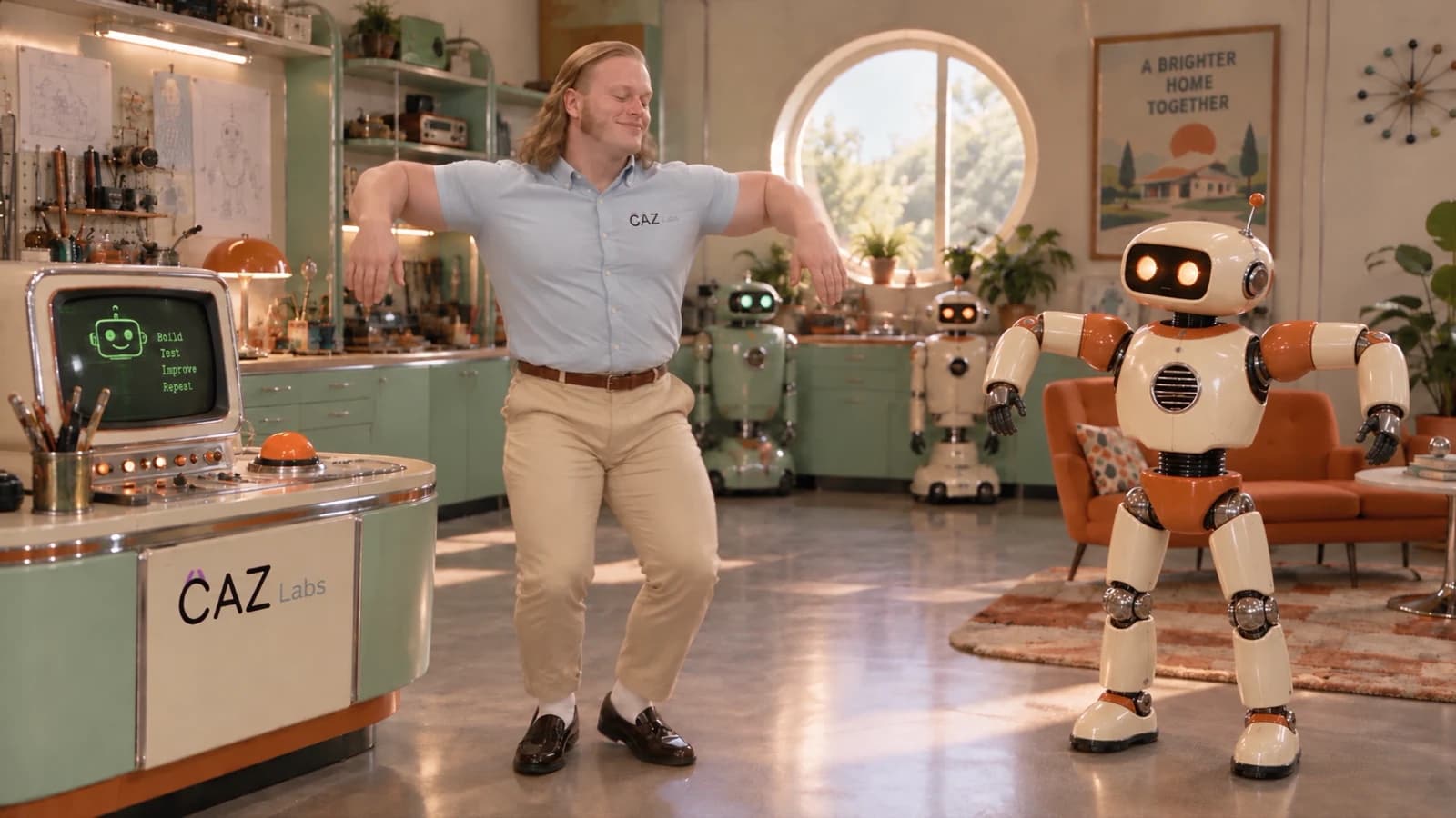 Ralf tanzt mit Robotern in einer retrofuturistischen Werkstatt aus einer erfundenen Zukunft