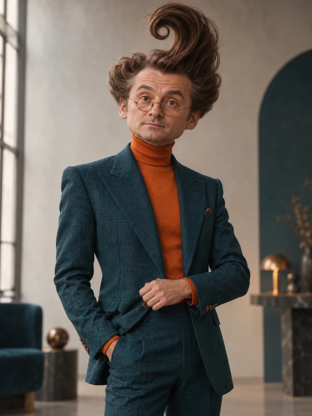 Herr Sonderbar in a petrol suit and orange turtleneck, with round glasses and an enormous question-mark quiff.