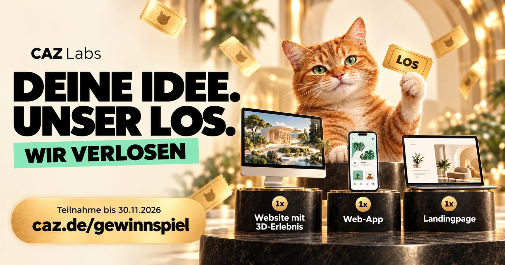Eine Katze präsentiert die drei getrennten CAZ-Gewinne: Website mit 3D-Erlebnis, Web-App und Landingpage