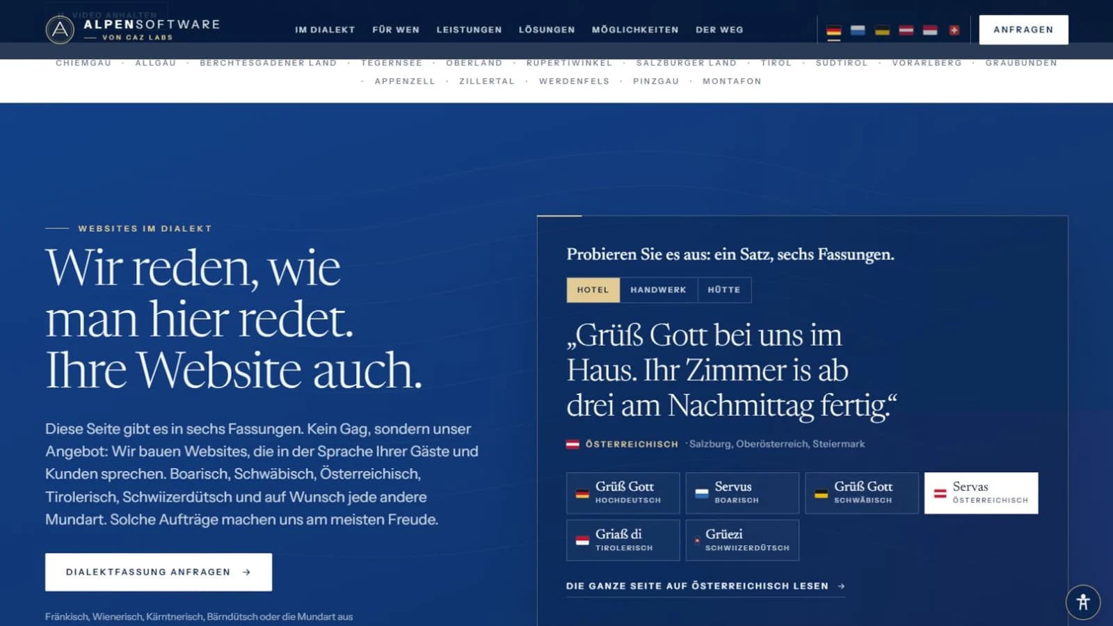 Der Dialektbereich von Alpensoftware mit einem Beispielsatz und Schaltflächen für sechs regionale Sprachfassungen