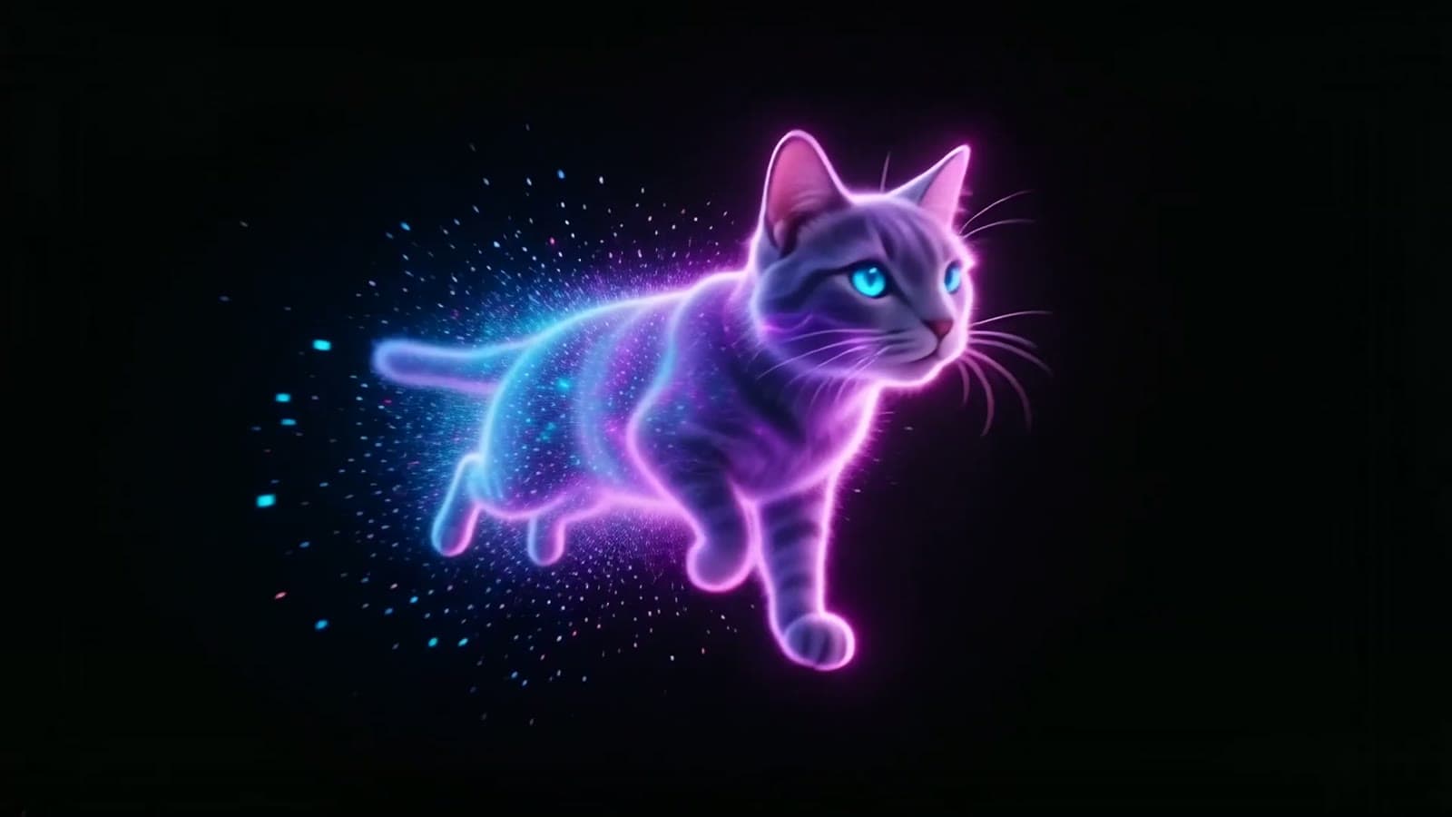 Leuchtende Neonkatze vor dunklem Hintergrund, Schriftzug caz.de am Ende