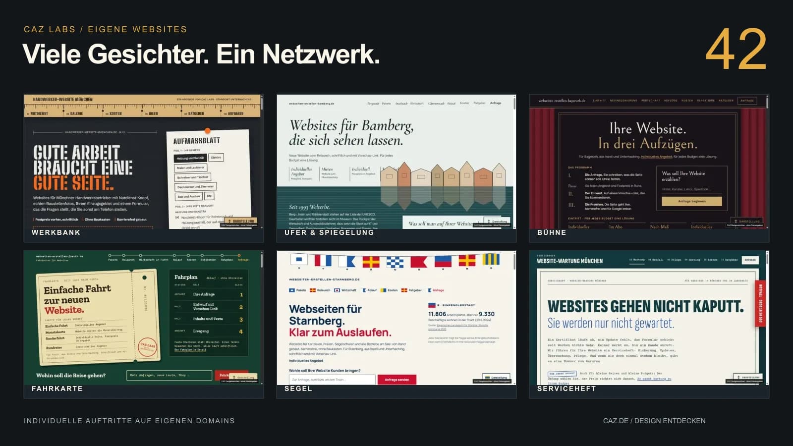 Sechs unterschiedliche Designs aus unserem eigenen CAZ-Website-Netzwerk