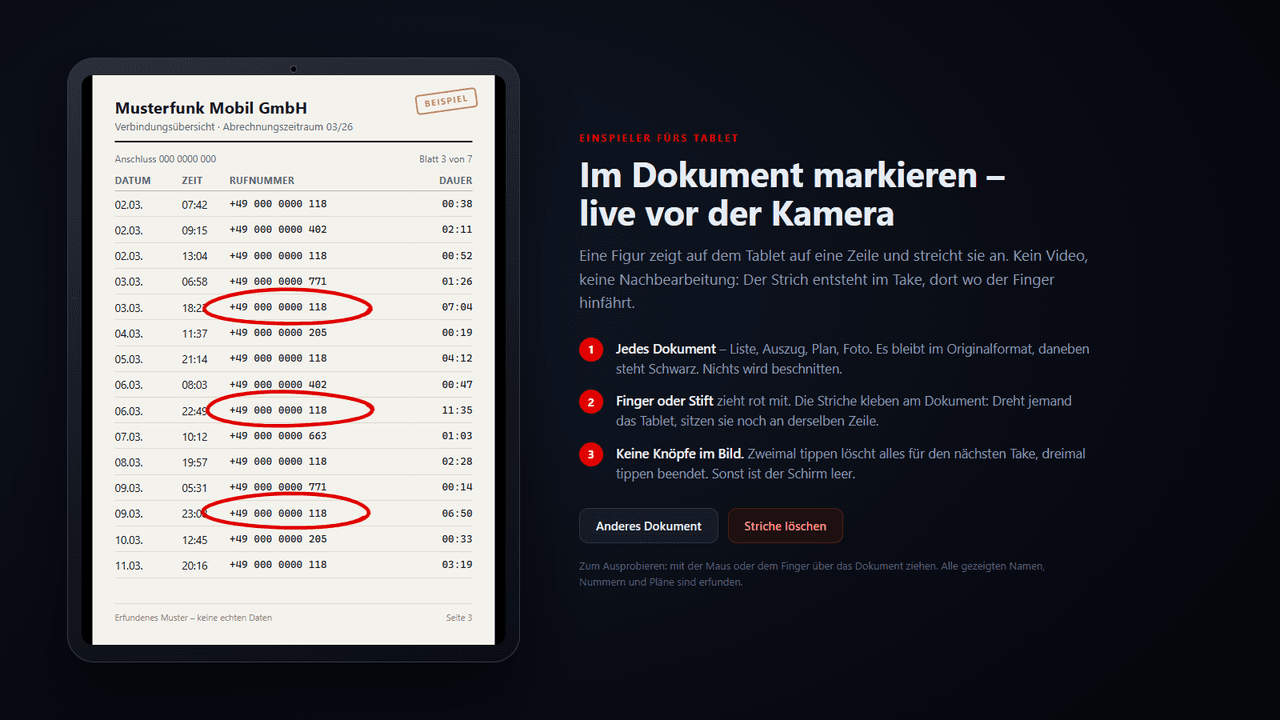 Screenshot der Website des Projekts Tablet-Einspieler: im Dokument markieren