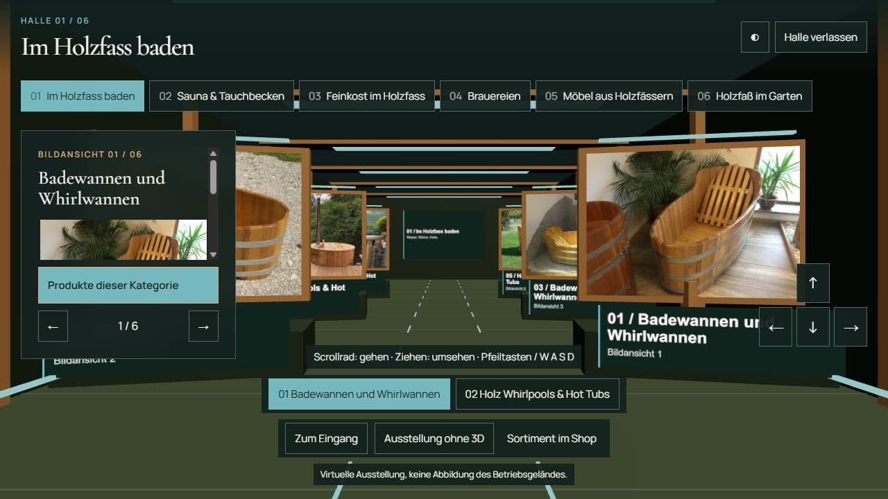 The current 3D hall for bathing in wooden barrels, with framed product photographs and navigation to all six exhibition halls