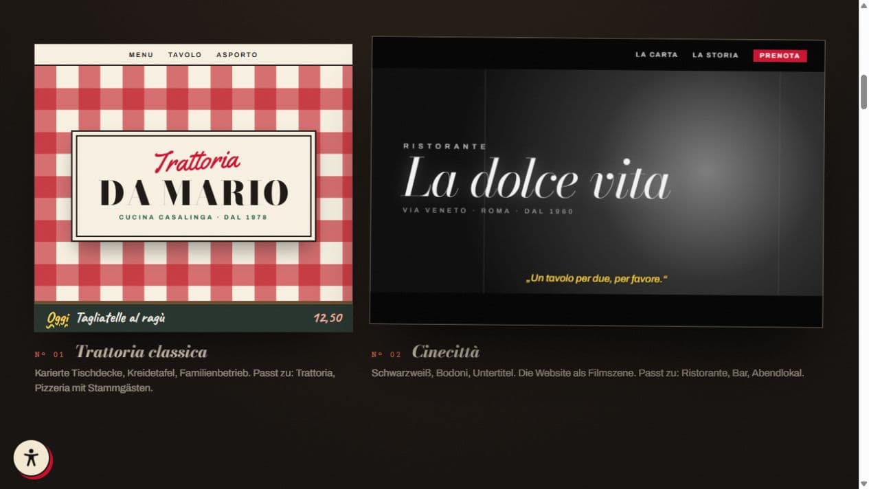 Zwei Website-Designs aus der IT-ALIEN-Galerie: Trattoria classica und Cinecittà
