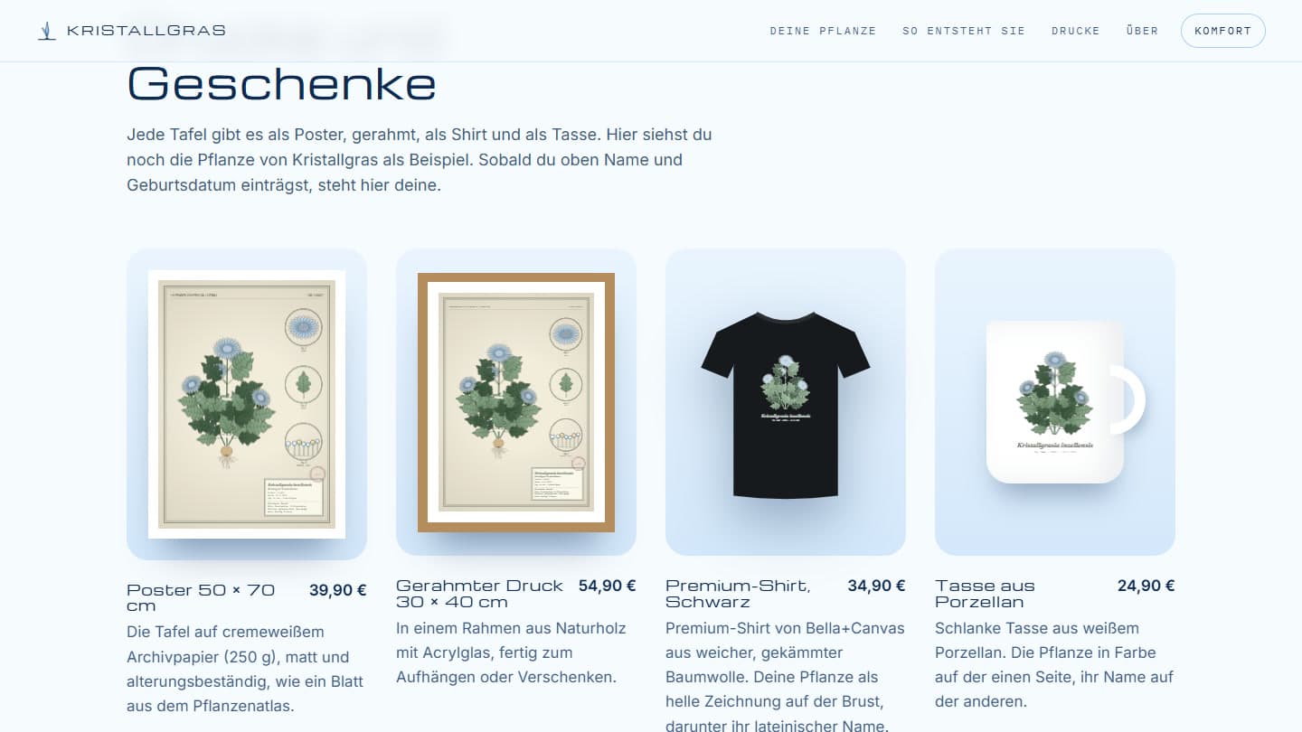 Produktübersicht: die Tafel als Poster, im Holzrahmen, auf einem schwarzen Shirt und auf einer weißen Porzellantasse, jeweils mit Preis