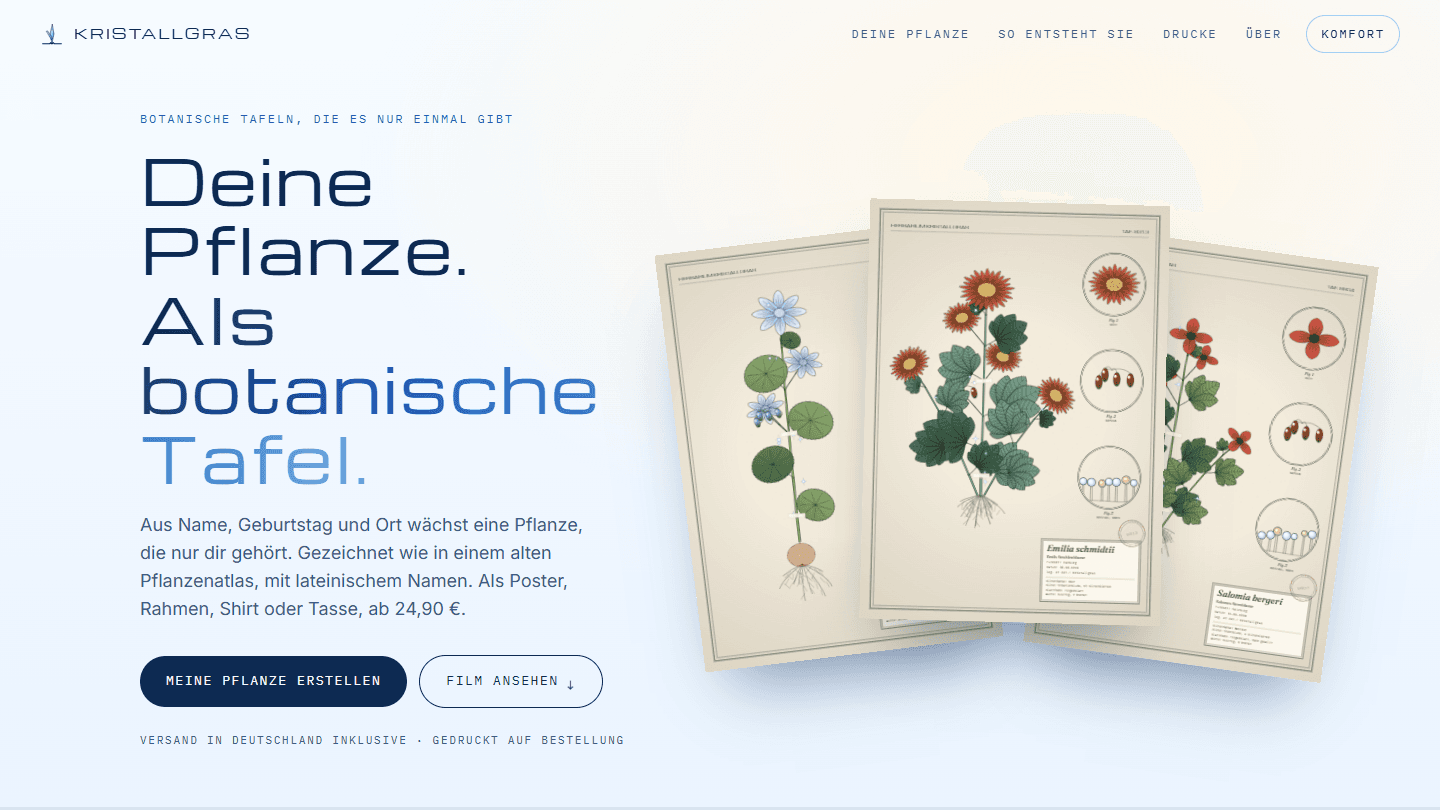 Screenshot der Website des Projekts Kristallgras - Botanische Tafeln, die es nur einmal gibt