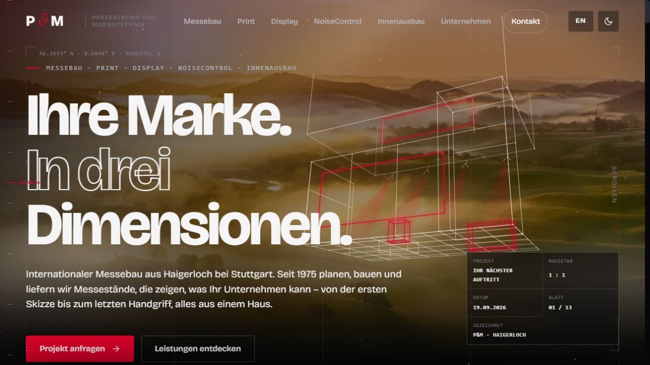 Screenshot der Website des Projekts P&M – Eine Marke in drei Dimensionen
