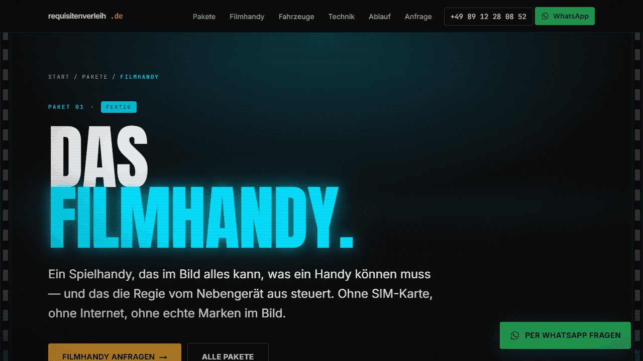 Paketseite Filmhandy mit großer Schrift auf dunklem Grund und zwei Schaltflächen